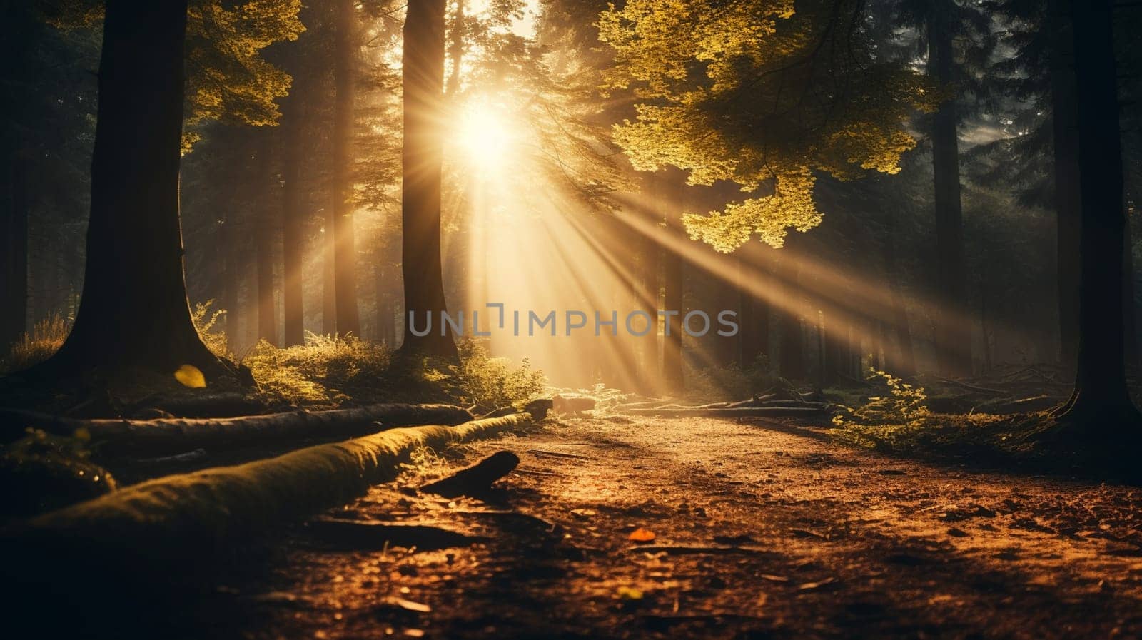 Sunset in the autumn forest. Beautiful nature scenery with sunbeams, Generate AI