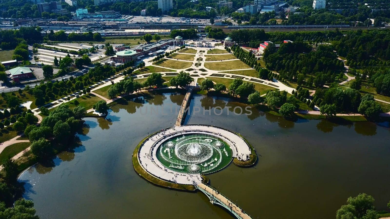 Geometric landscape paths and fountains. Creative. Top view of ornamental park with paths and fountain. Historical park with fountain in pond and luxurious geometric alley.