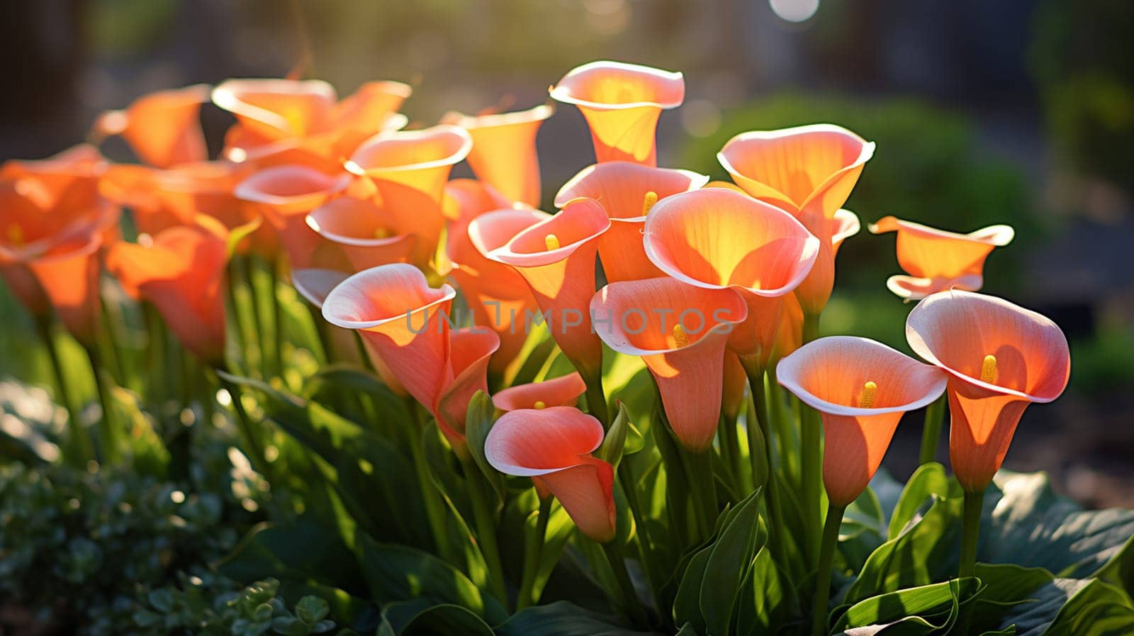 Beautiful calla lily flower in the garden at sunset. Generate AI by Mrsongrphc