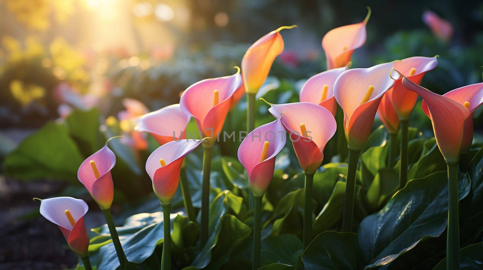Beautiful calla lily flower in the garden at sunset. Generate AI by Mrsongrphc