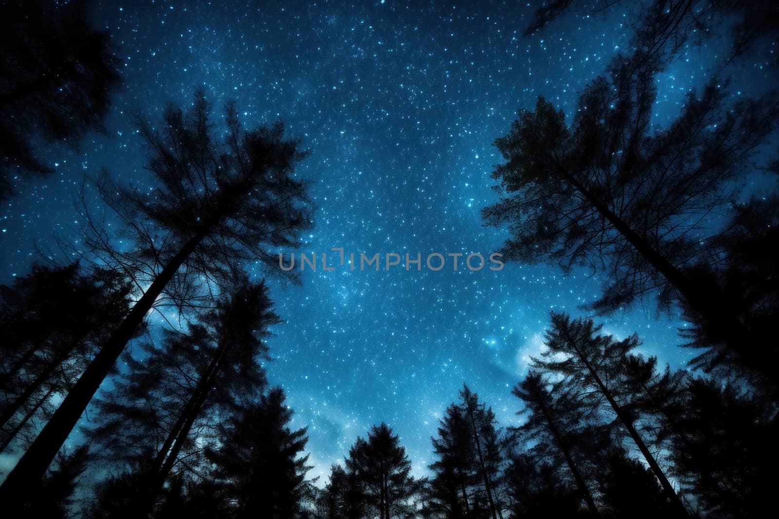 night sky in forest, view of star on night sky through tree brunches. AI Generative by matamnad