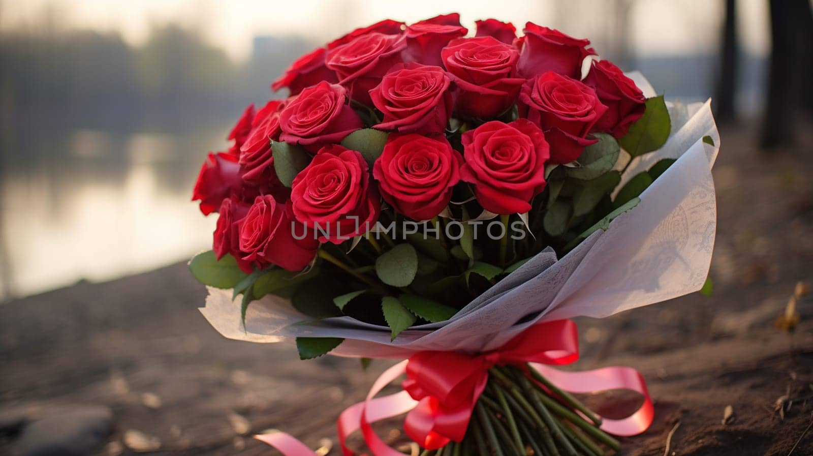 Beautiful bouquet of red roses on the background of the lake, Generate Ai by Mrsongrphc