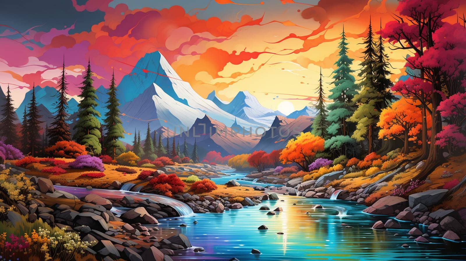 Beautiful fantasy landscape with mountain river and colorful flowers. Digital painting , Generate AI