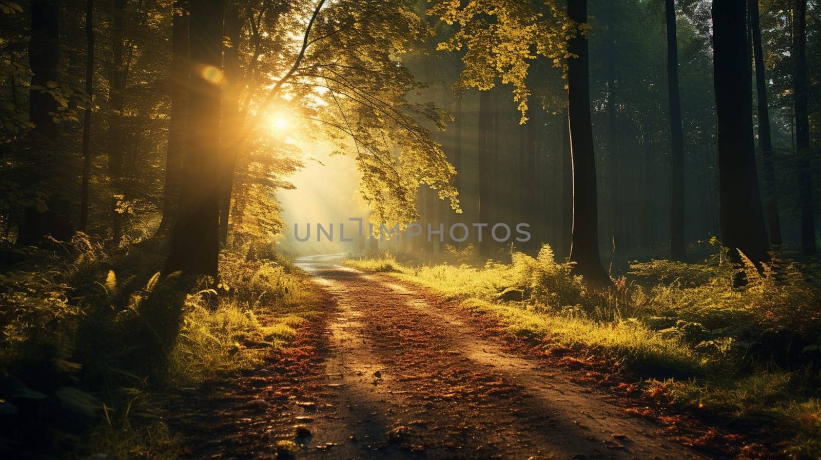 Sunset in the autumn forest. Beautiful nature scenery with sunbeams, Generate AI by Mrsongrphc