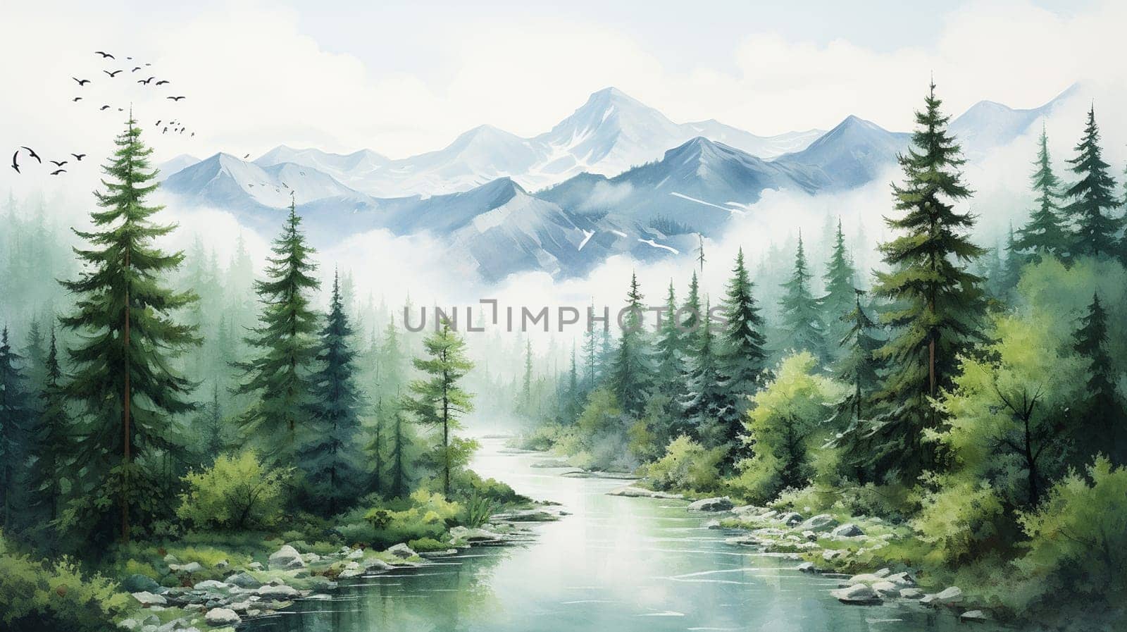 Digital painting of a mountain lake with mountains and trees in the background, Generate AI
