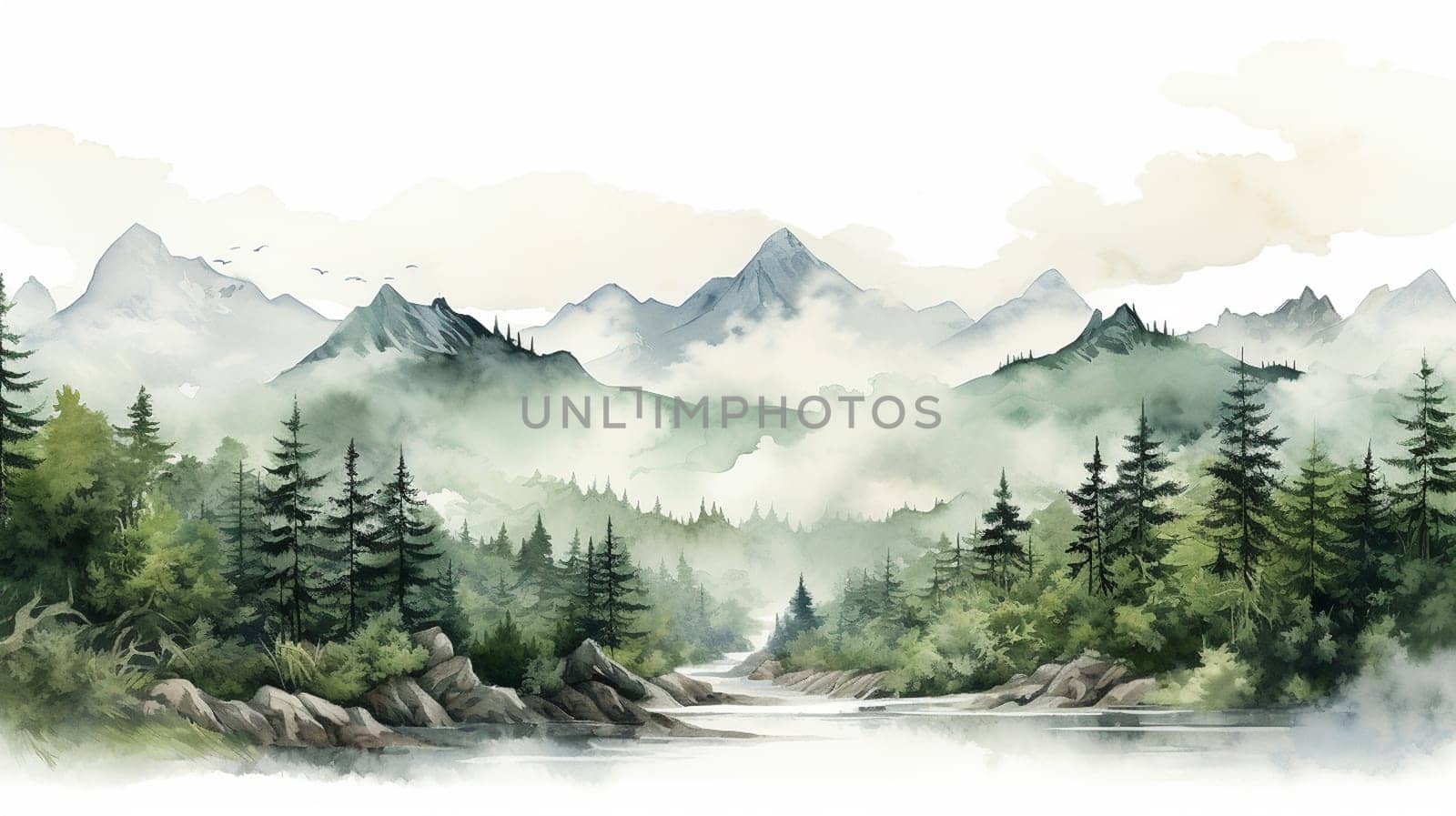 Digital painting of a mountain lake with mountains and trees in the background, Generate AI by Mrsongrphc