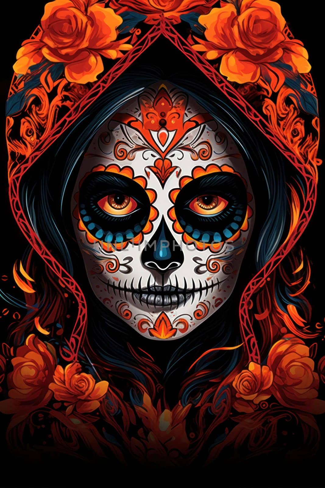 Dia de los muertos, Mexican holiday of the dead .Woman with sugar skull make up and flowers. Generative AI by matamnad