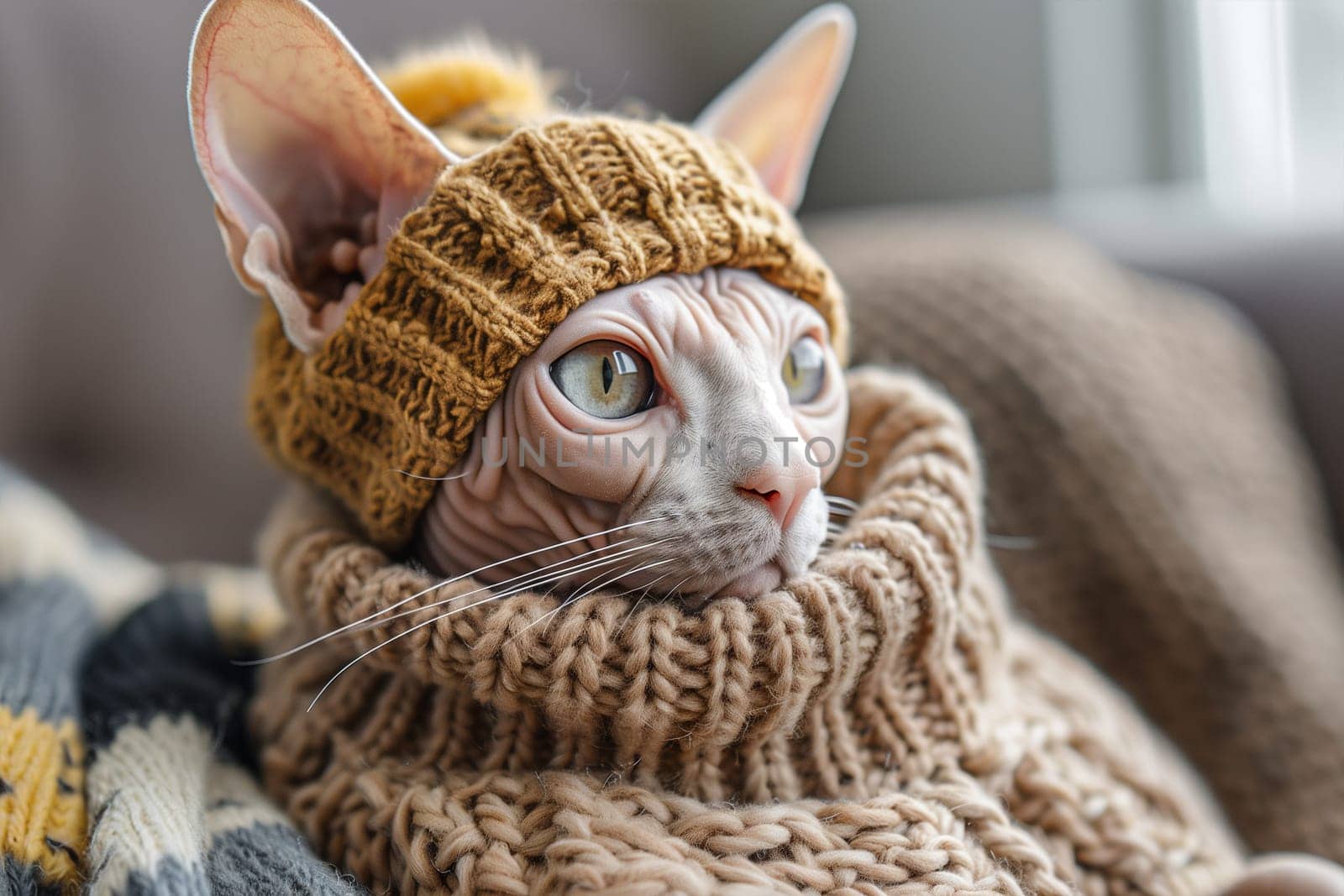 Bald cat of the Sphynx breed in a knitted sweater, clothes for animals.