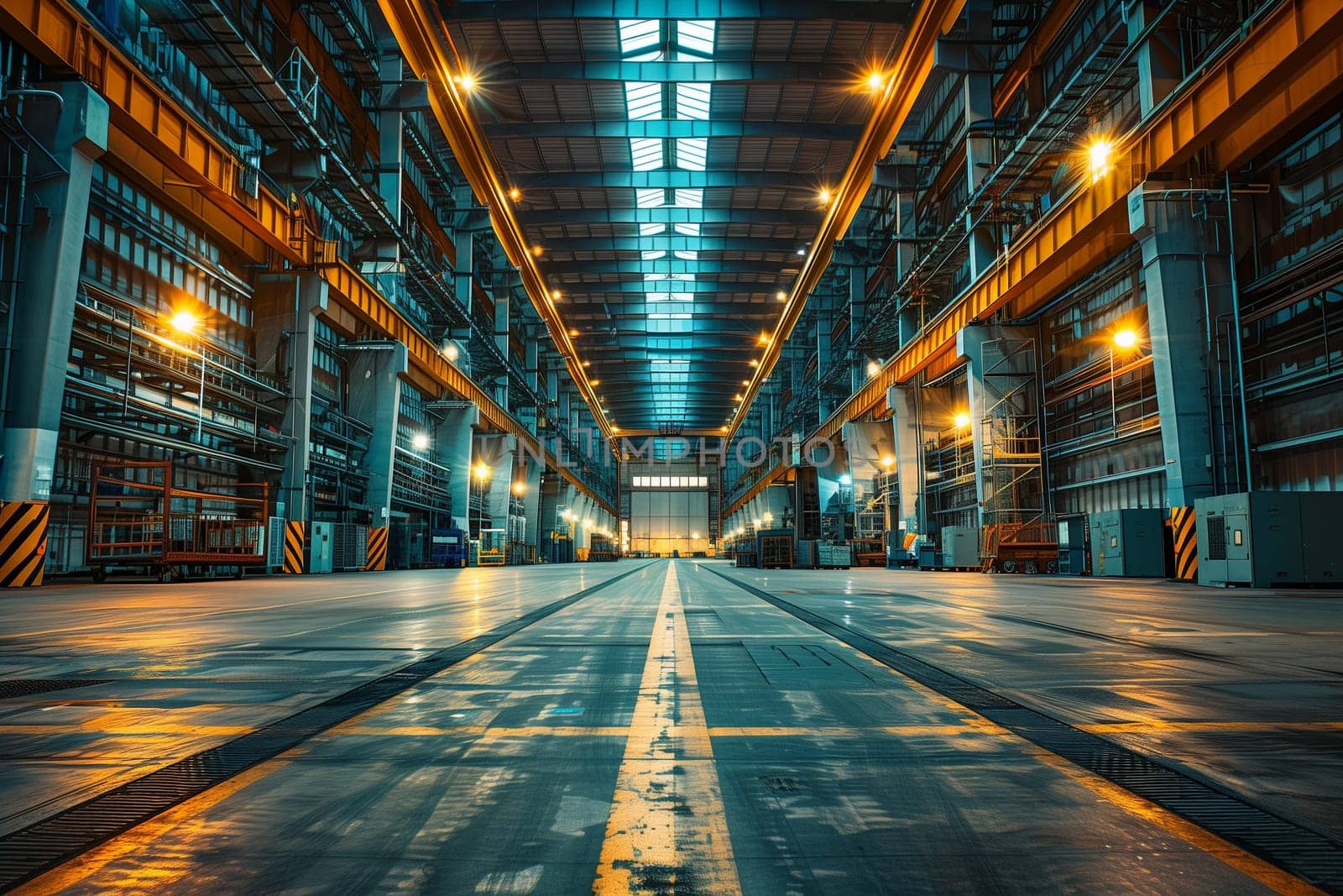 Illuminated warehouse of modern factory.
