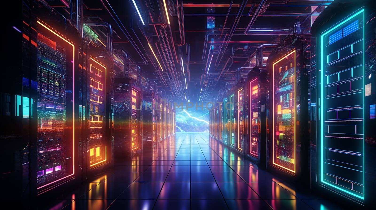 Futuristic server room with glowing lights. 3D Rendering , Generate AI