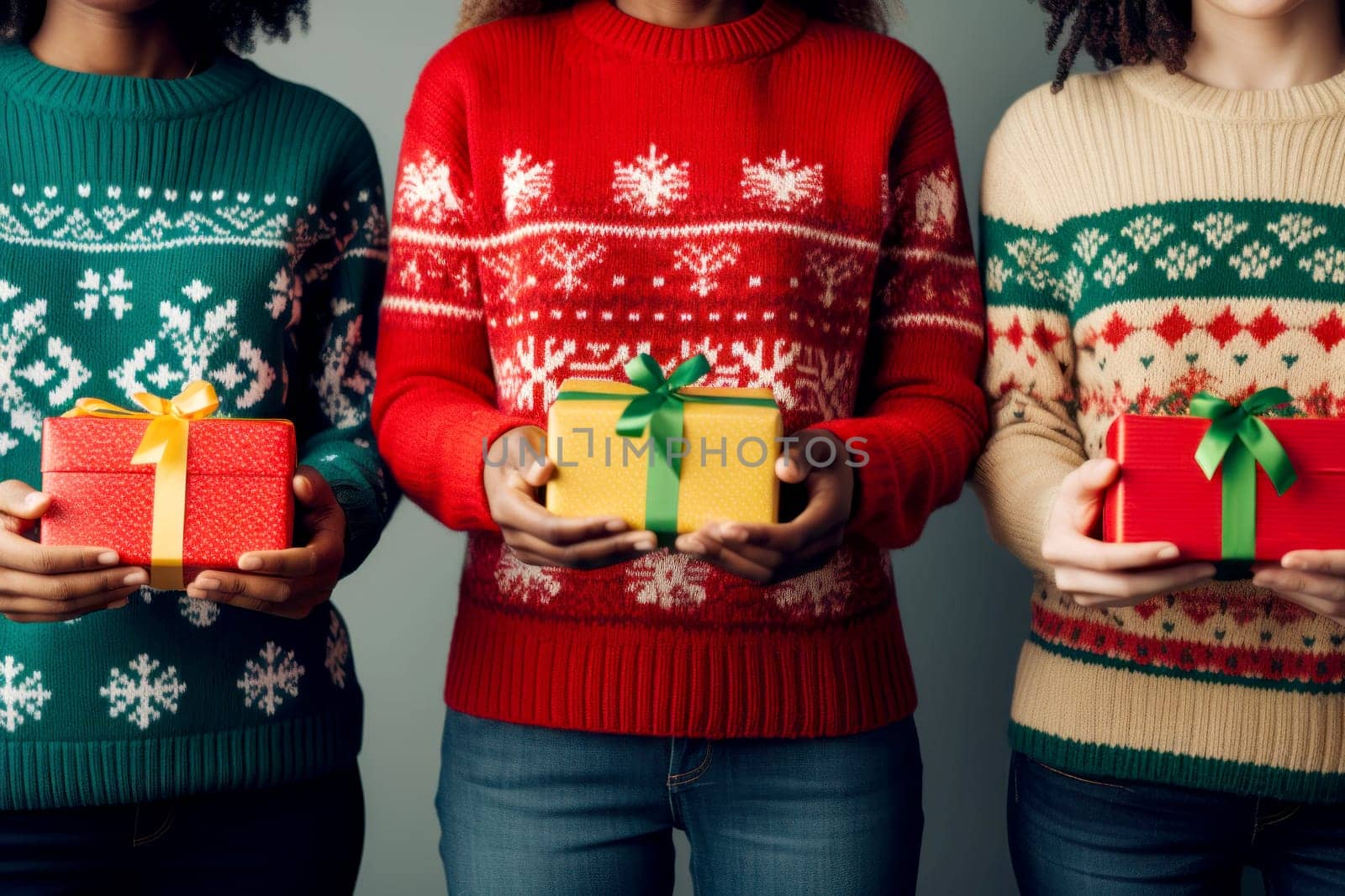 people wearing ugly sweater in circle hand united. Generative AI.