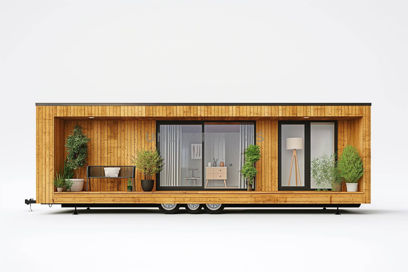 A sleek mobile home featuring a wooden facade and large windows, resting on a trailer frame, surrounded by potted plants against a neutral backdrop.