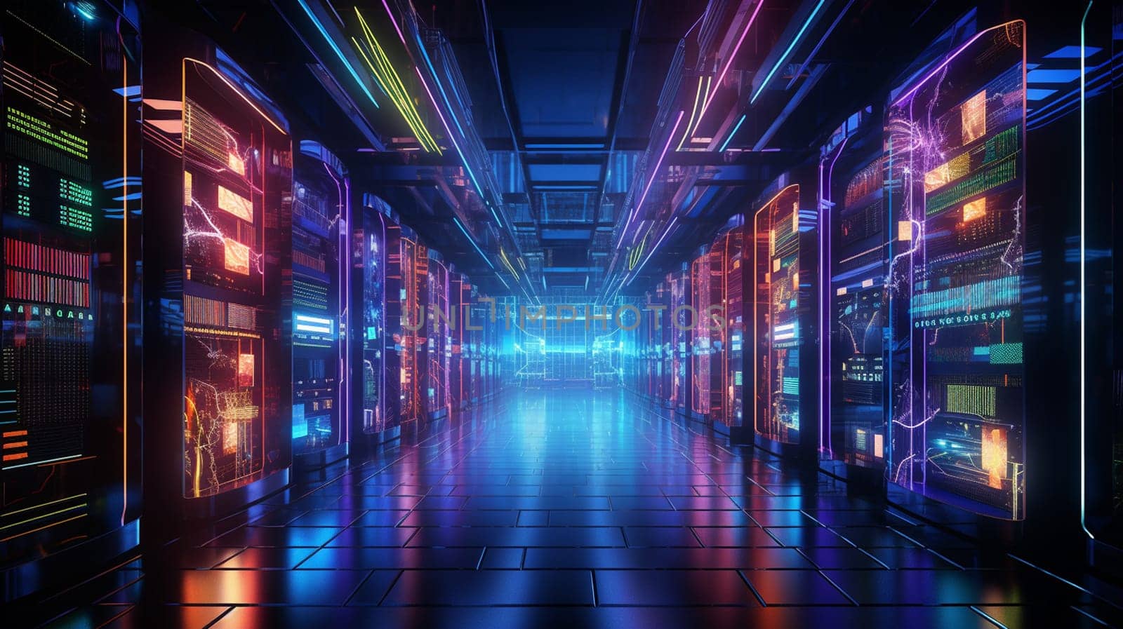Futuristic server room with glowing lights. 3D Rendering , Generate AI