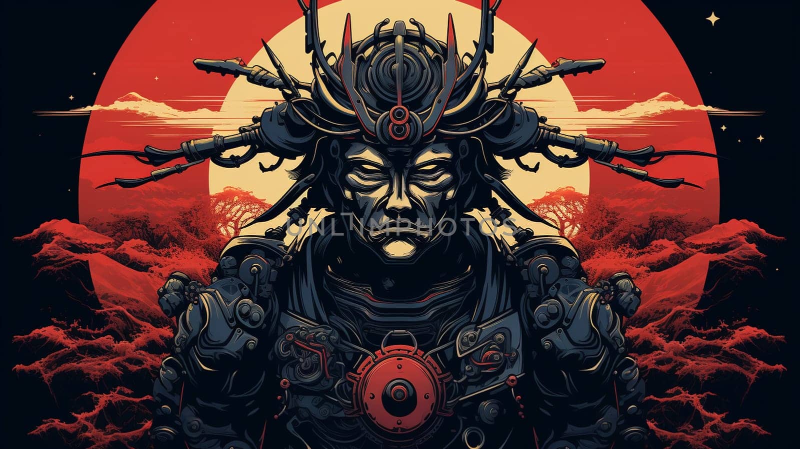 Cyborg in front of the big red sun. Vector illustration. generate Ai by Mrsongrphc