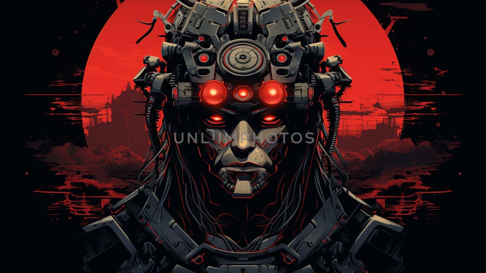 Cyborg in front of the big red sun. Vector illustration. generate Ai