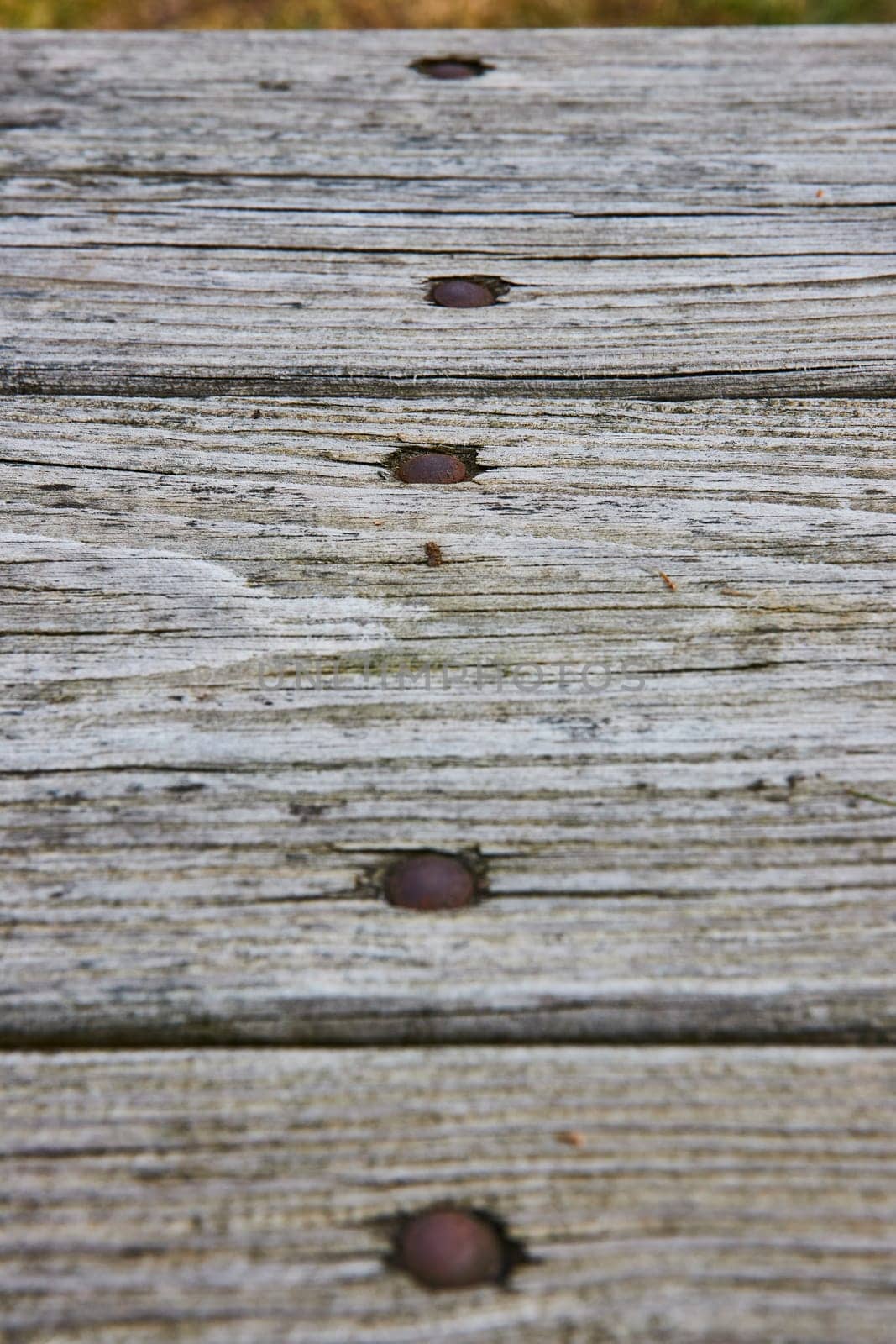 Close-up of aged wooden planks at Lindenwood Preserve, Indiana, showcasing rustic charm and natural textures in soft sunlight.