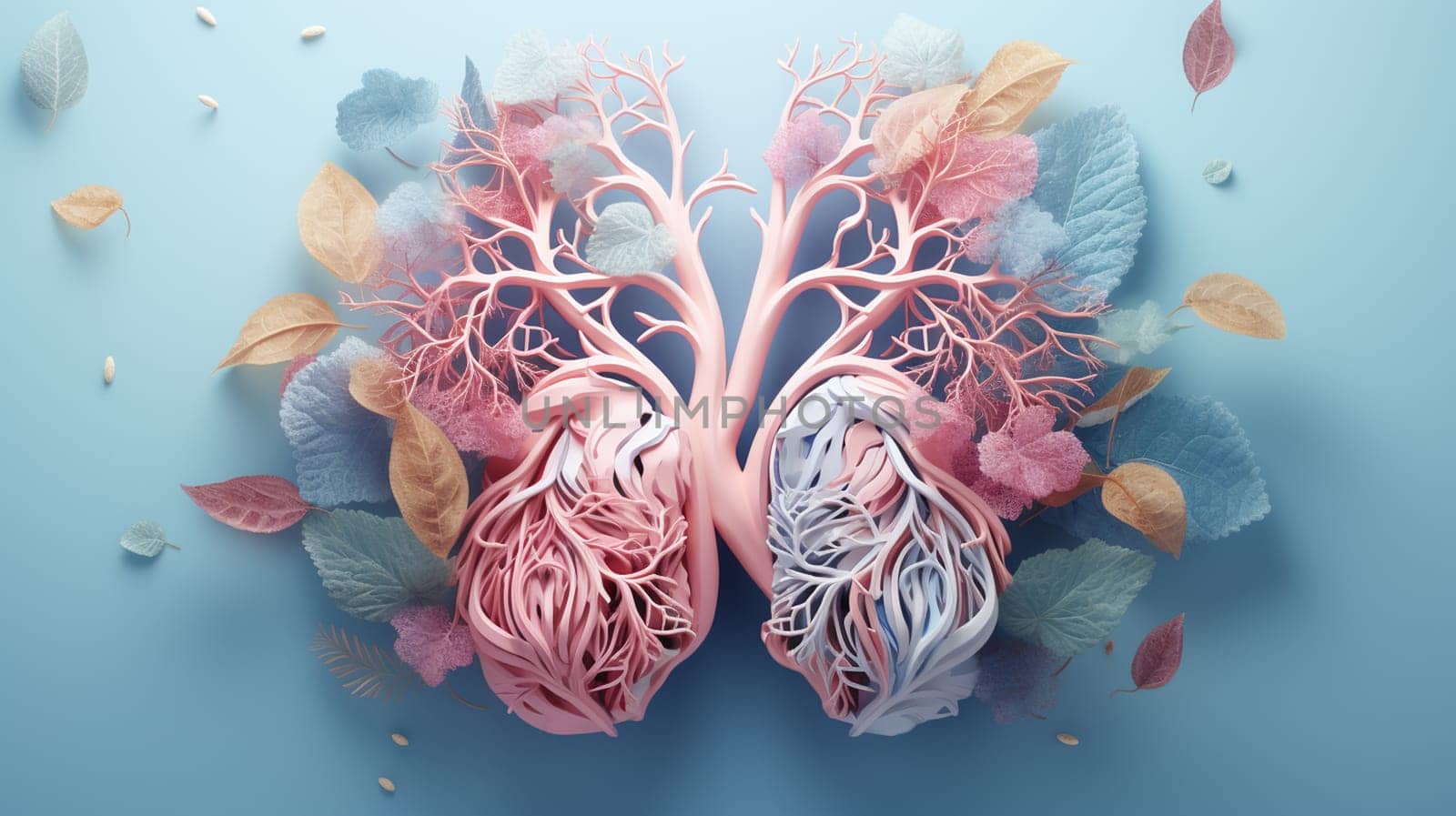 Human heart made of various plants and flowers. 3d illustration. Generate AI