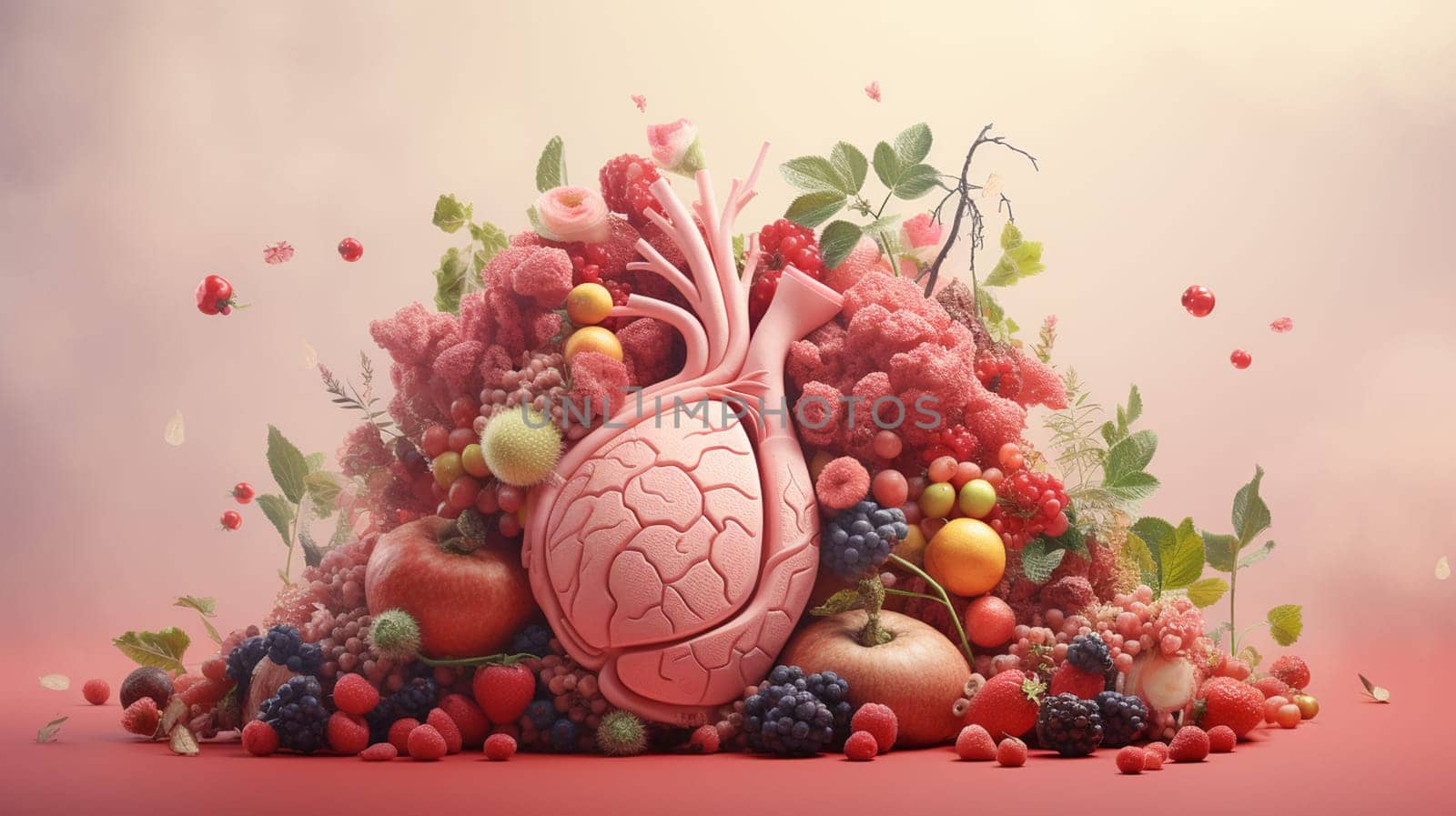 Human heart made of various plants and flowers. 3d illustration. Generate AI