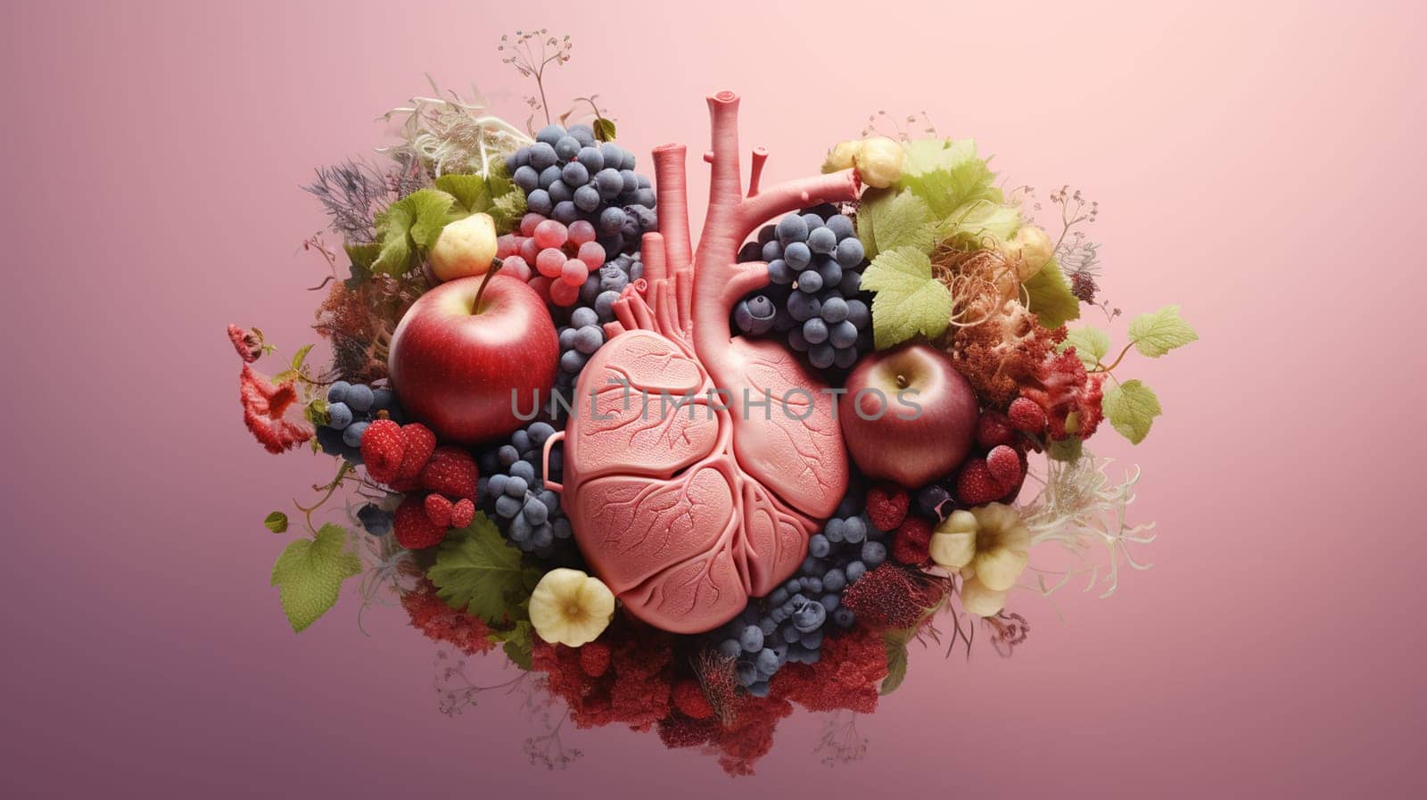 Human heart made of various plants and flowers. 3d illustration. Generate AI