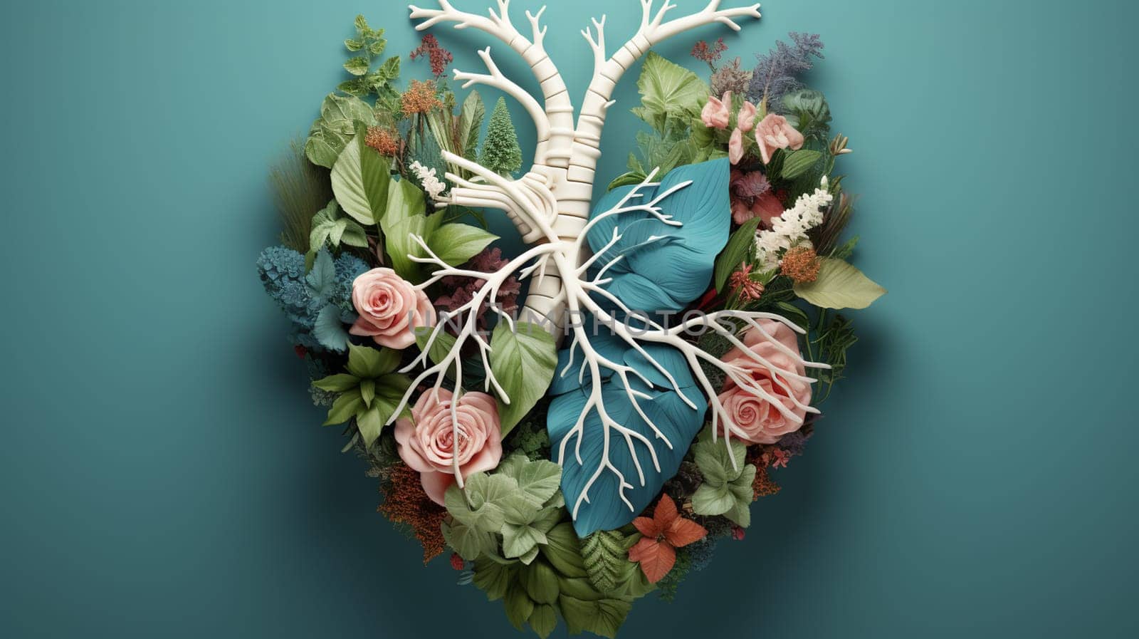 Human heart made of various plants and flowers. 3d illustration. Generate AI