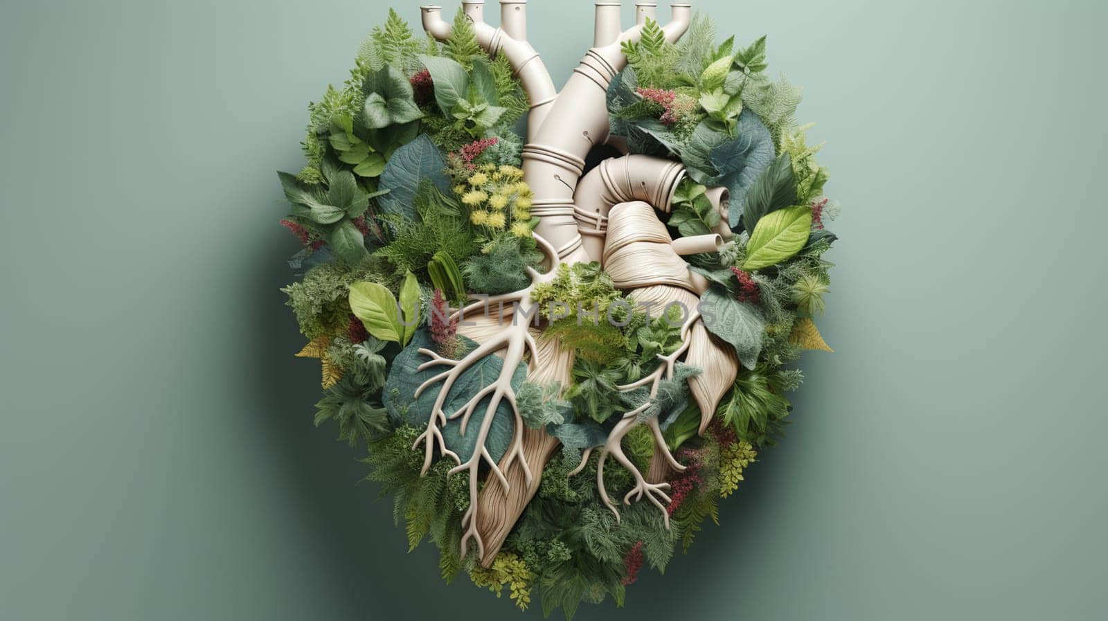 Human heart made of various plants and flowers. 3d illustration. Generate AI