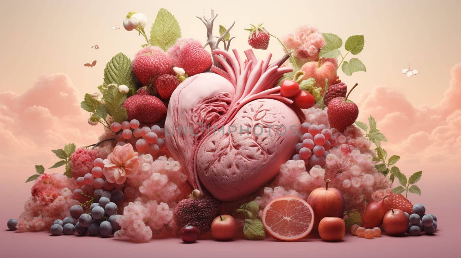 Human heart made of various plants and flowers. 3d illustration. Generate AI