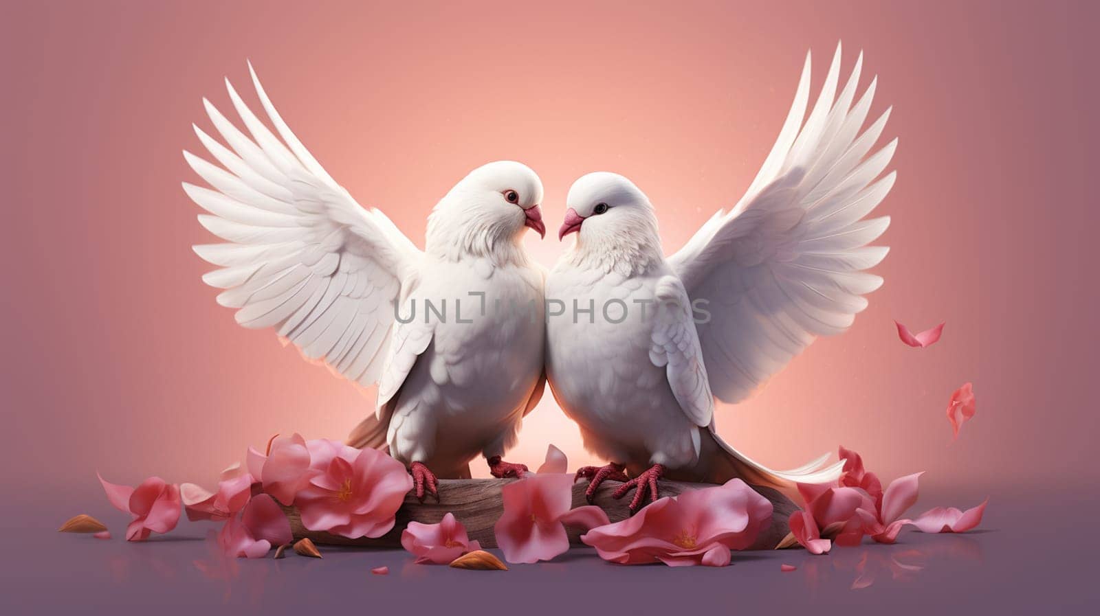 Two white doves in love with rose petals on pink background , generate AI