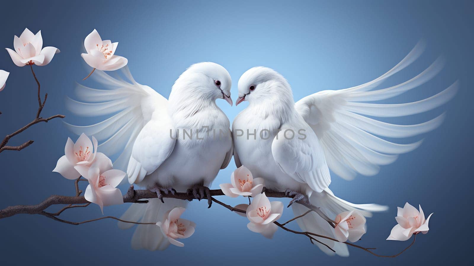 Two white doves in love with rose petals on pink background , generate AI