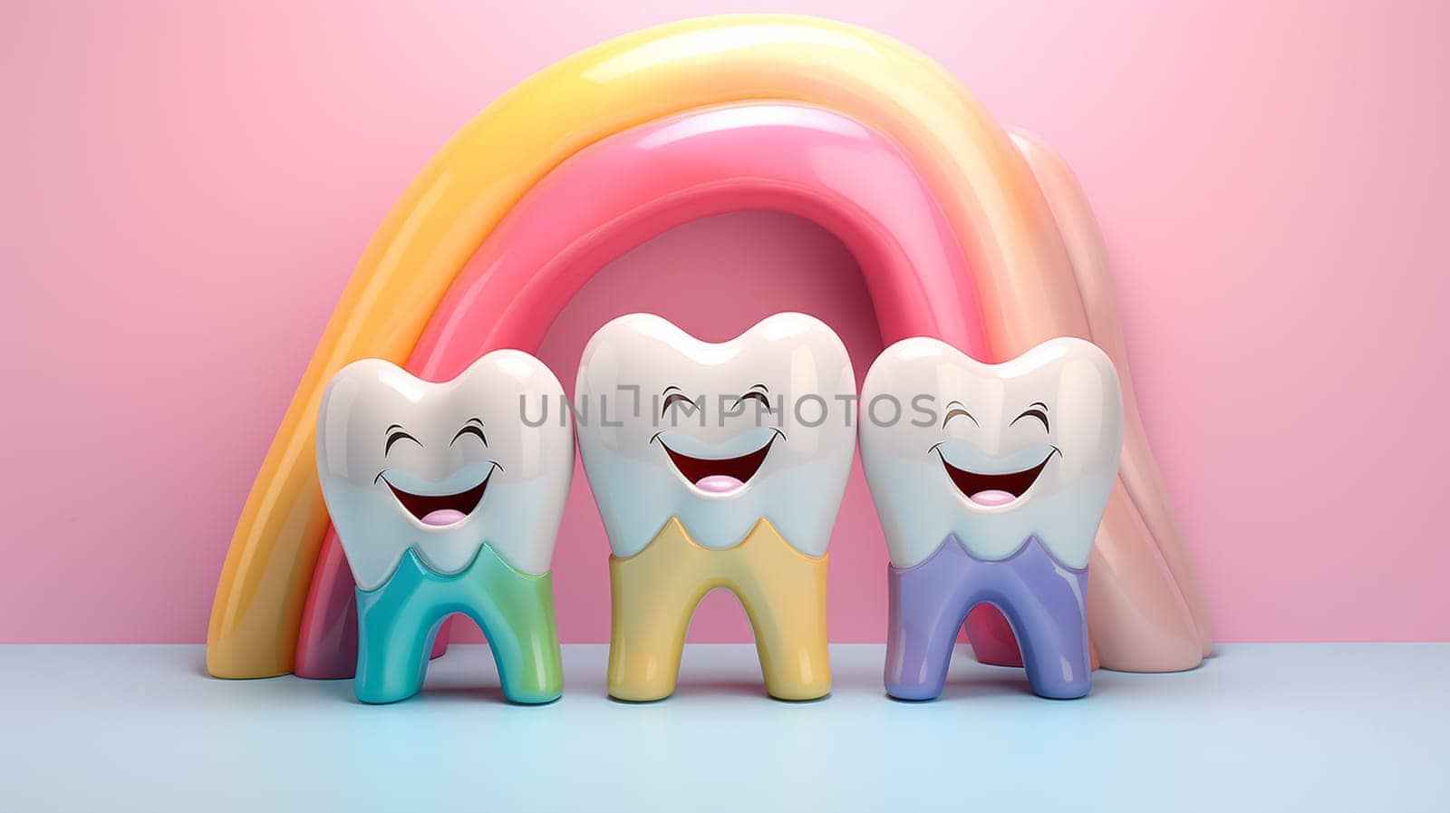3d render of a group of teeth with smiley faces on pink background , Generate AI by Mrsongrphc