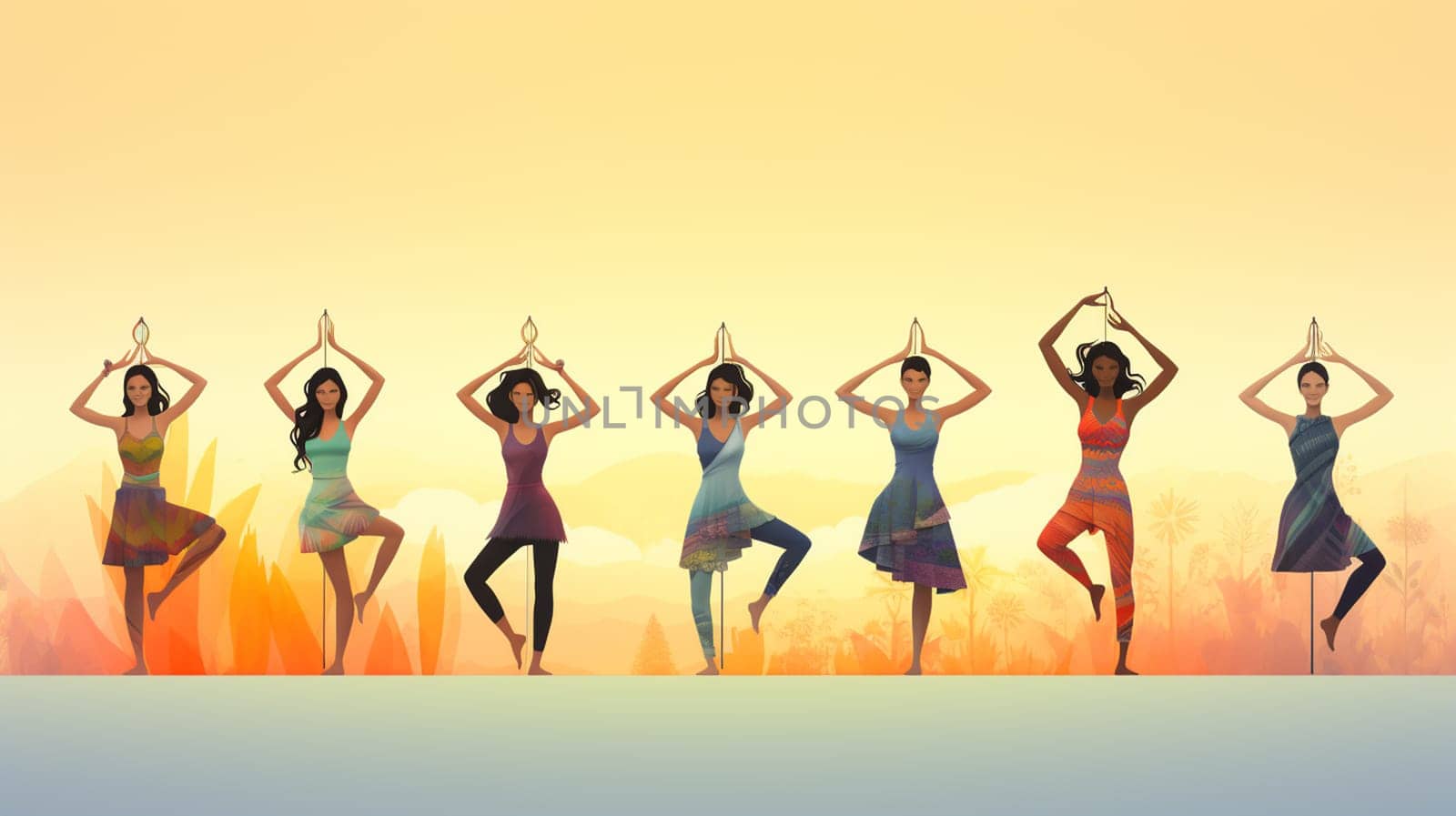 Vector illustration of three beautiful women meditating in a lotus pose, Generate AI by Mrsongrphc