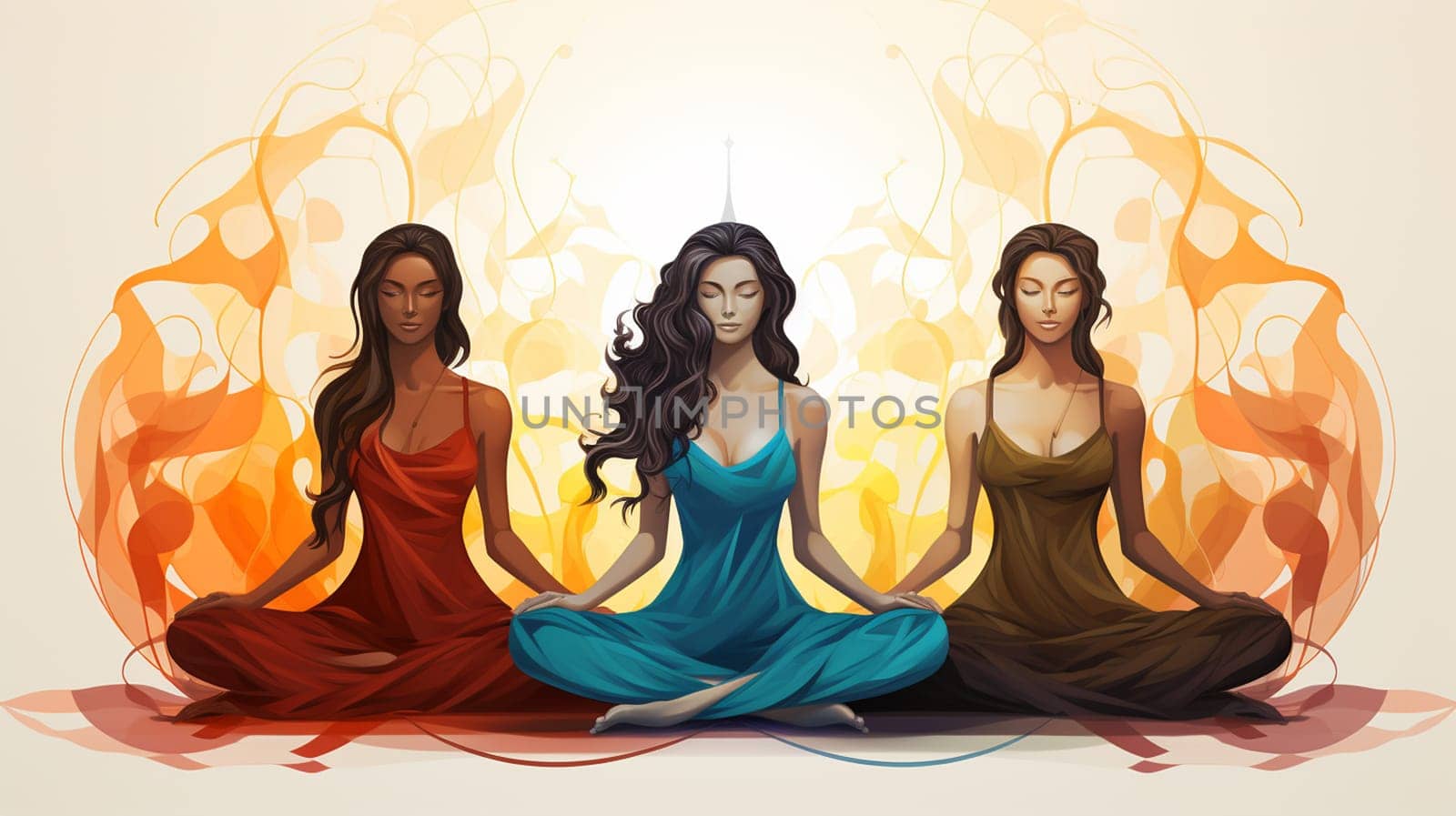 Vector illustration of three beautiful women meditating in a lotus pose, Generate AI by Mrsongrphc