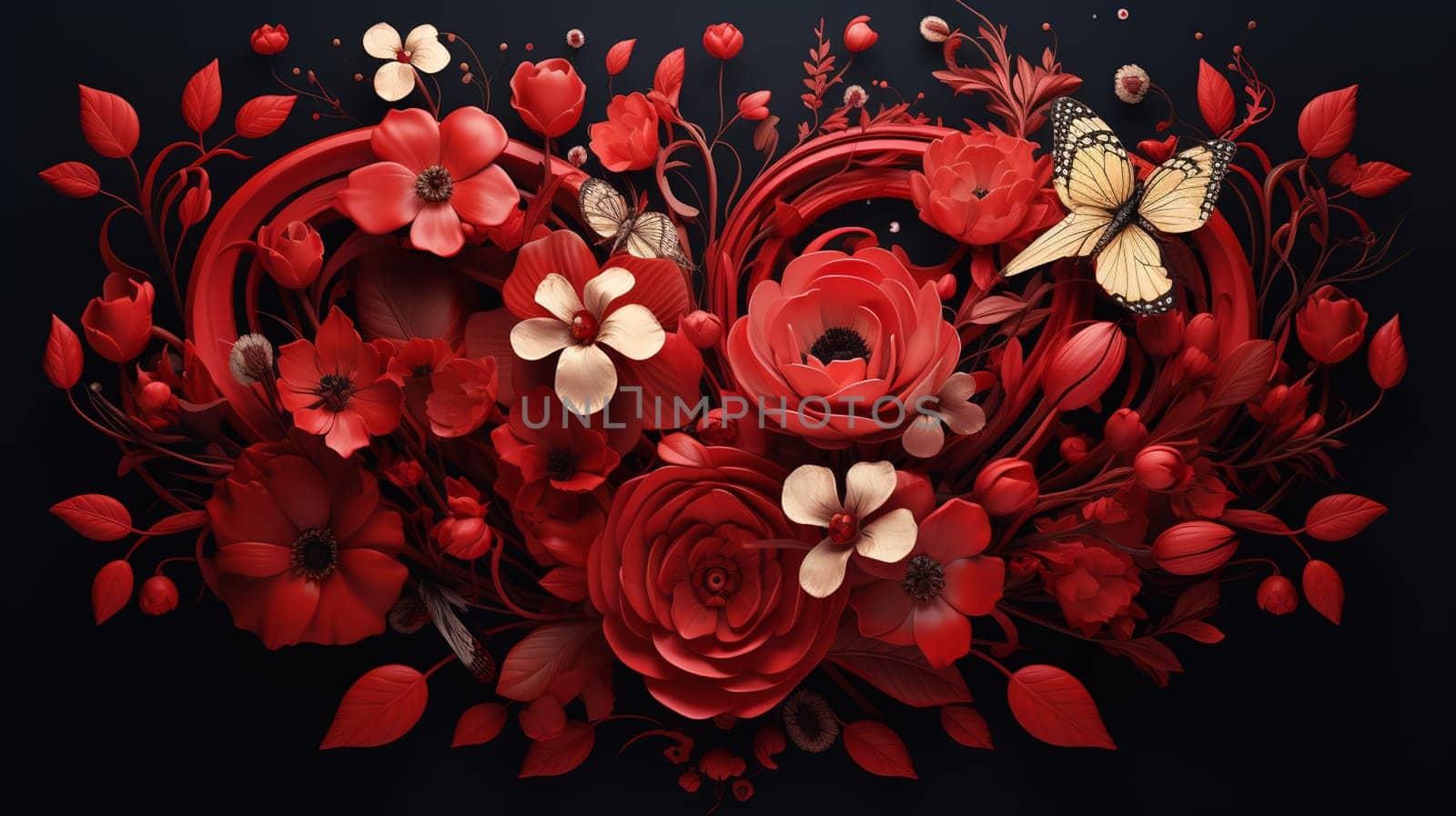 Floral background with red roses, butterflies and leaves. Vector illustration. Generate Ai