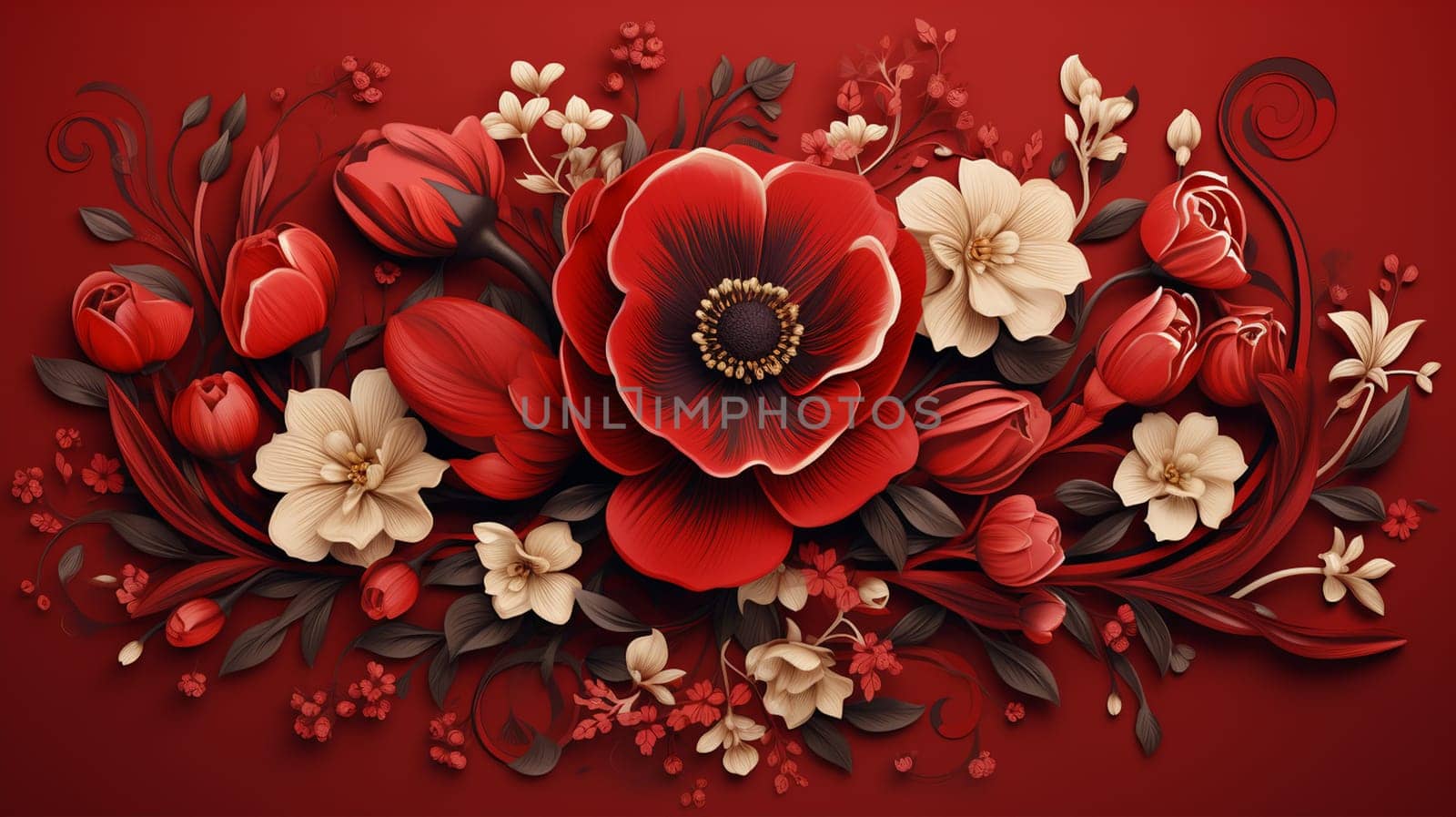 Floral background with red roses, butterflies and leaves. Vector illustration. Generate Ai