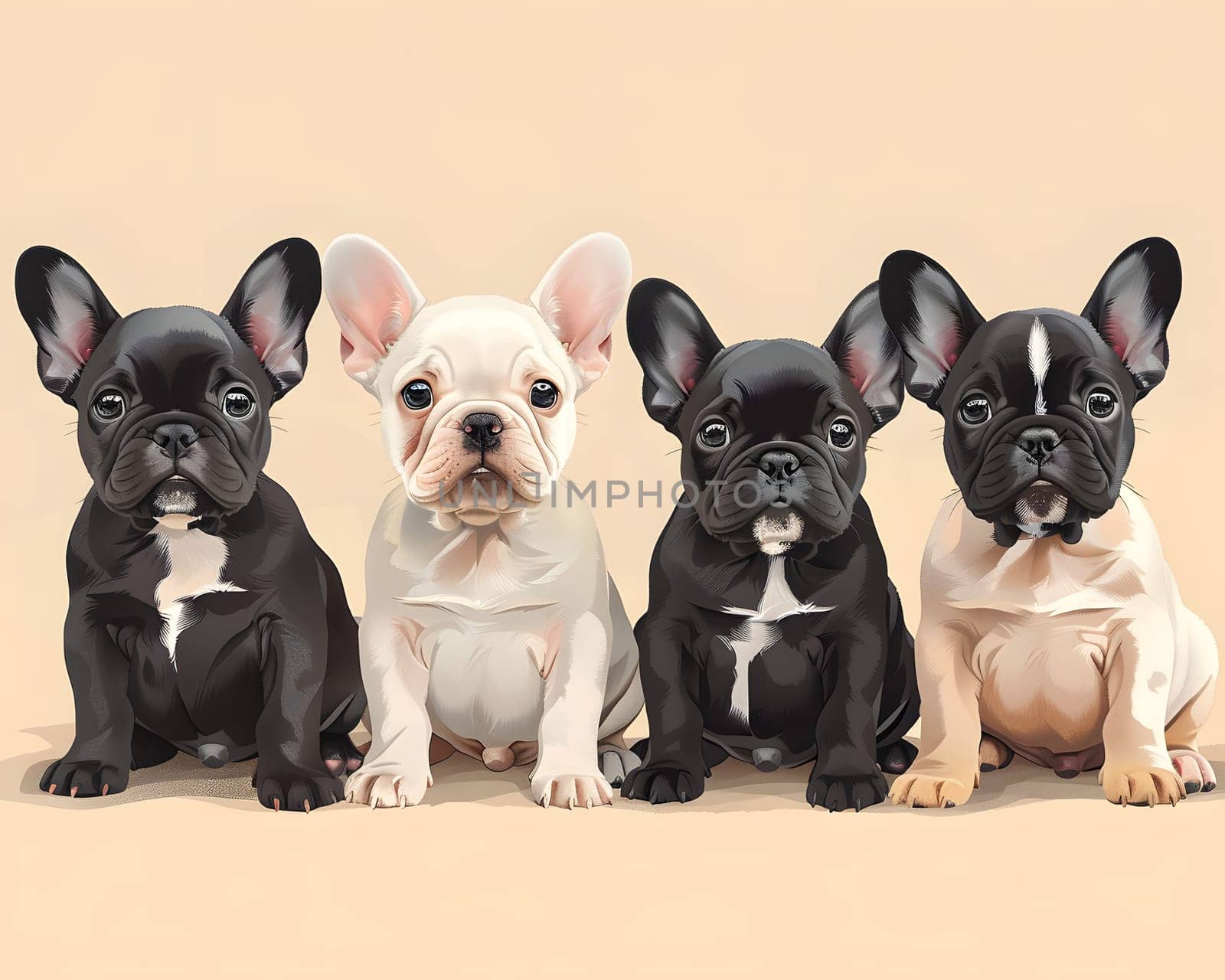 Four French Bulldogs, a small dog breed known for their distinctive batlike ears and fawn coloring, are sitting next to each other on a beige background