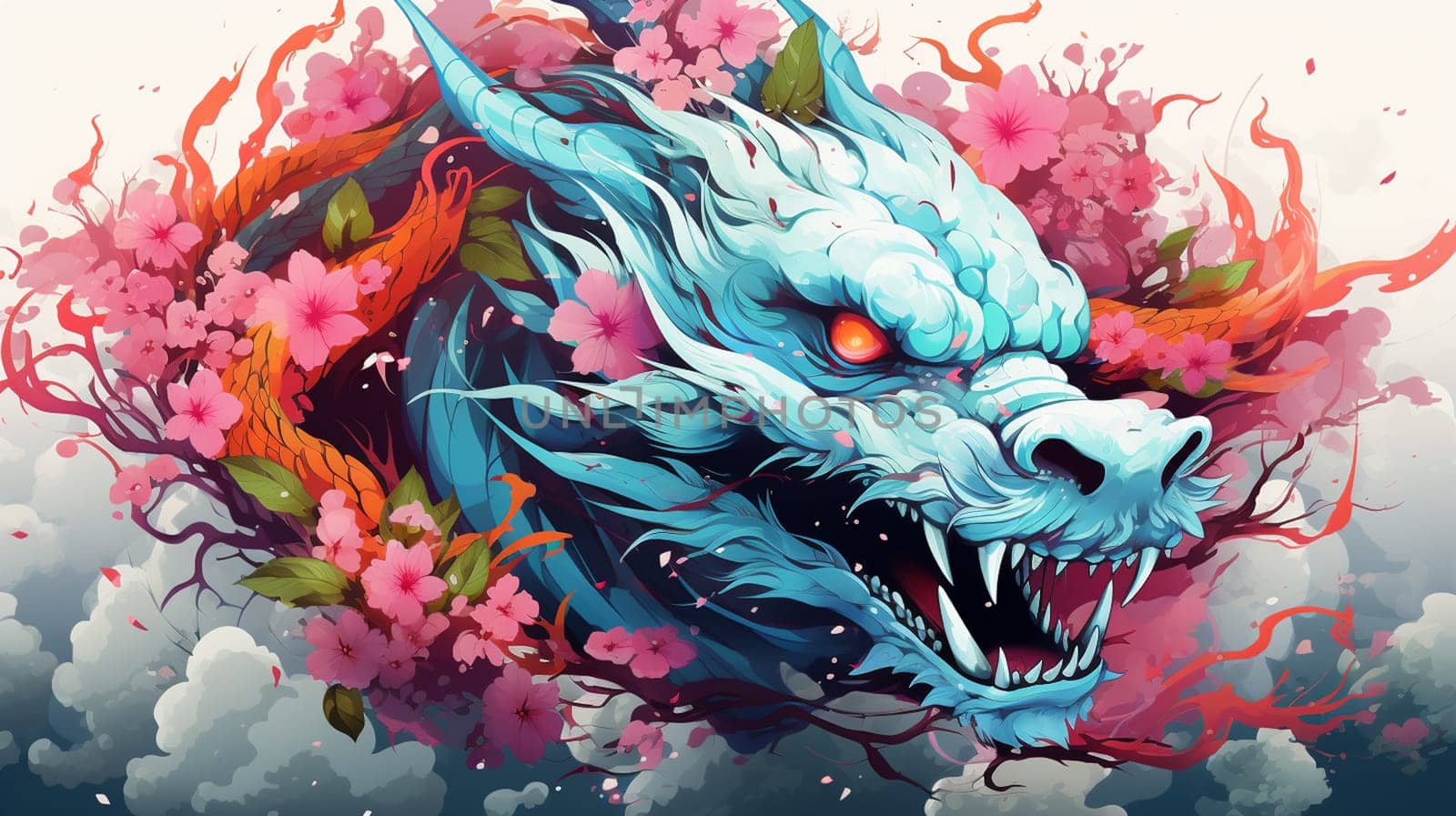 Illustration of a dragon head with colorful floral background, vector illustration , Generate AI by Mrsongrphc