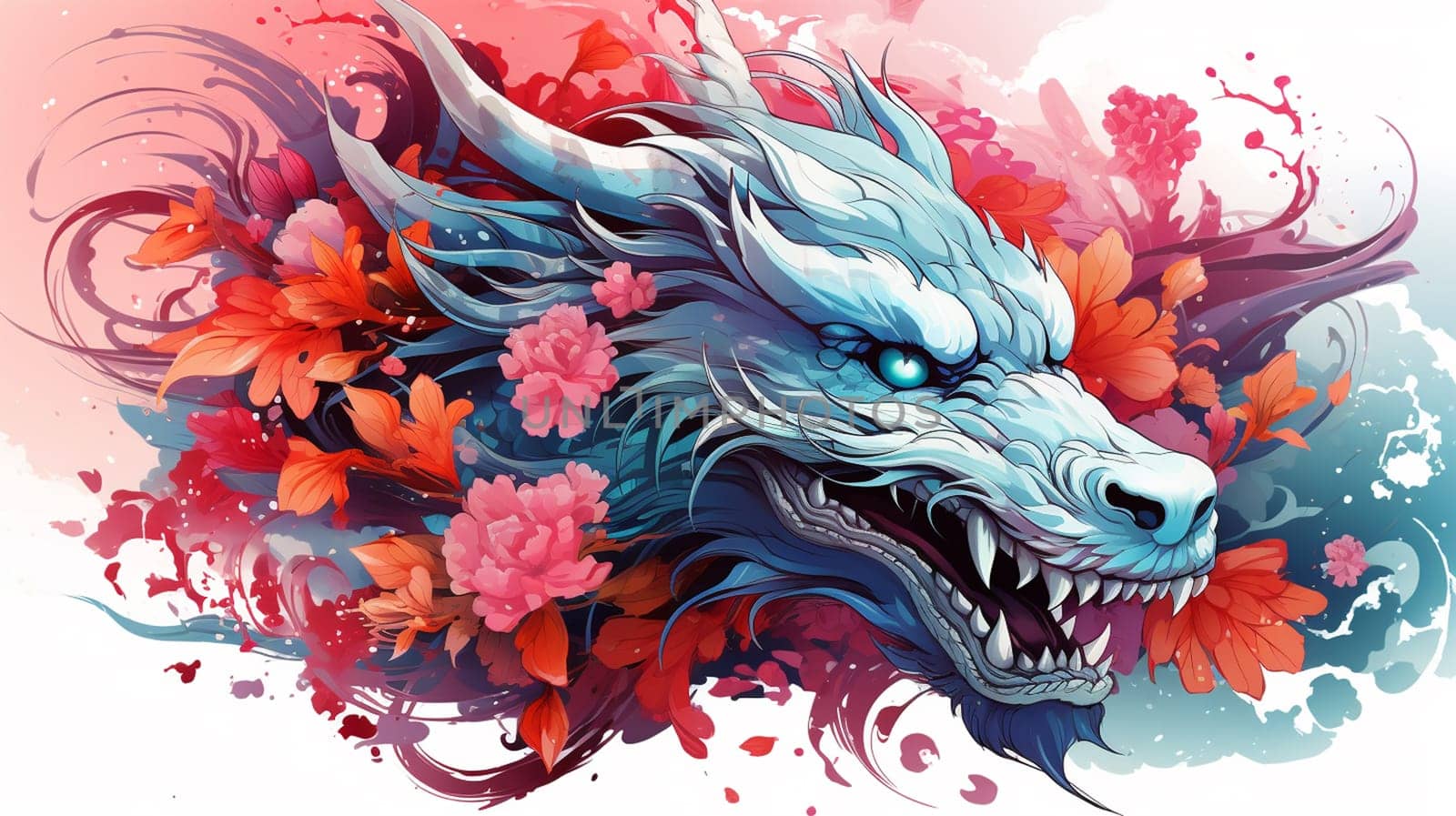 Illustration of a dragon head with colorful floral background, vector illustration , Generate AI by Mrsongrphc