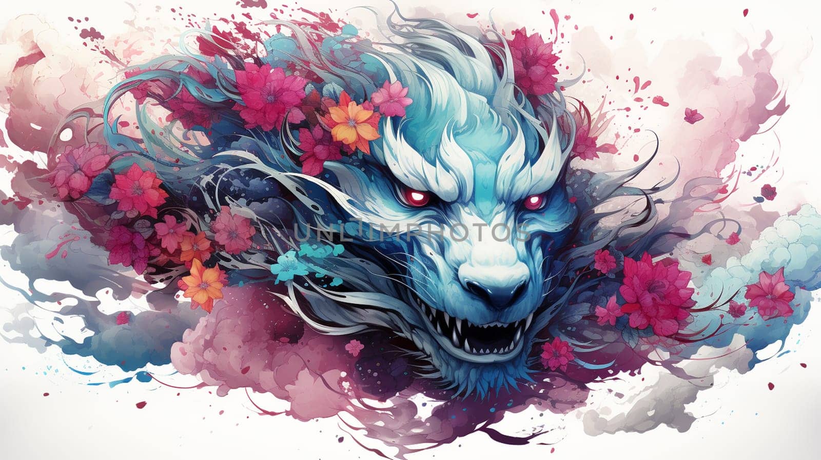 Illustration of a dragon head with colorful floral background, vector illustration , Generate AI by Mrsongrphc