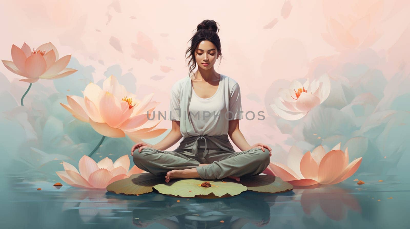 Woman meditating in lotus flower garden with lotus flower background , Generate AI by Mrsongrphc