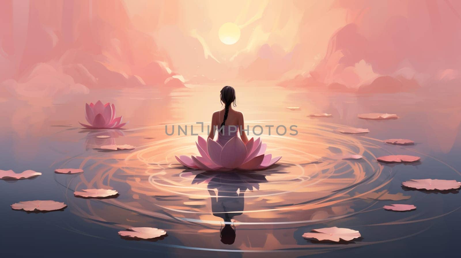 Woman meditating in lotus flower garden with lotus flower background , Generate AI