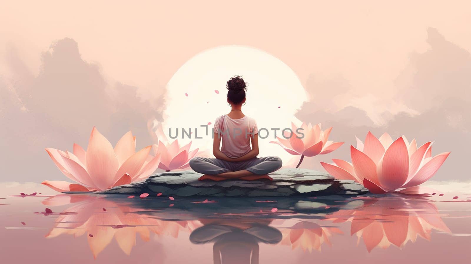 Woman meditating in lotus flower garden with lotus flower background , Generate AI