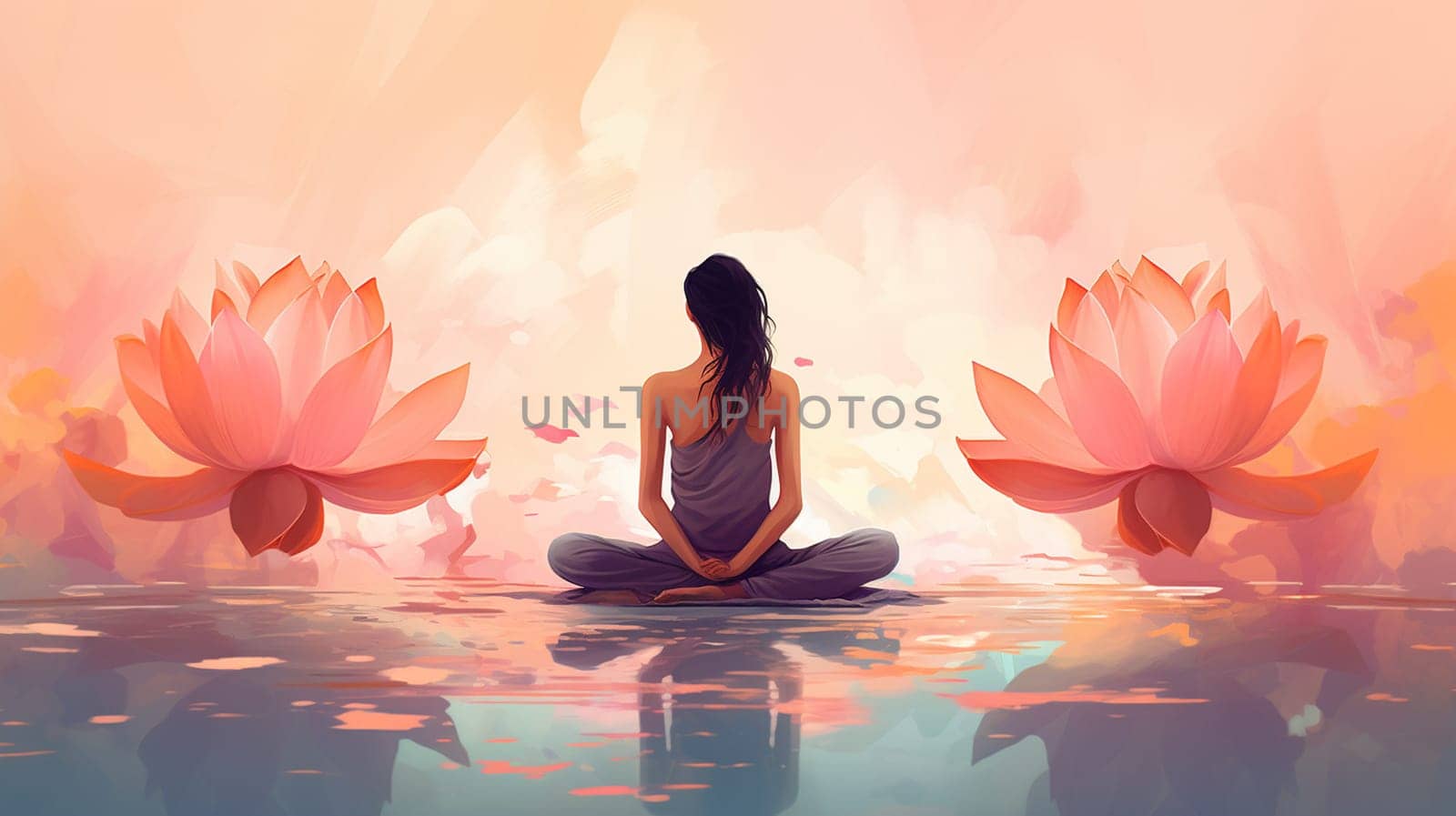 Woman meditating in lotus flower garden with lotus flower background , Generate AI