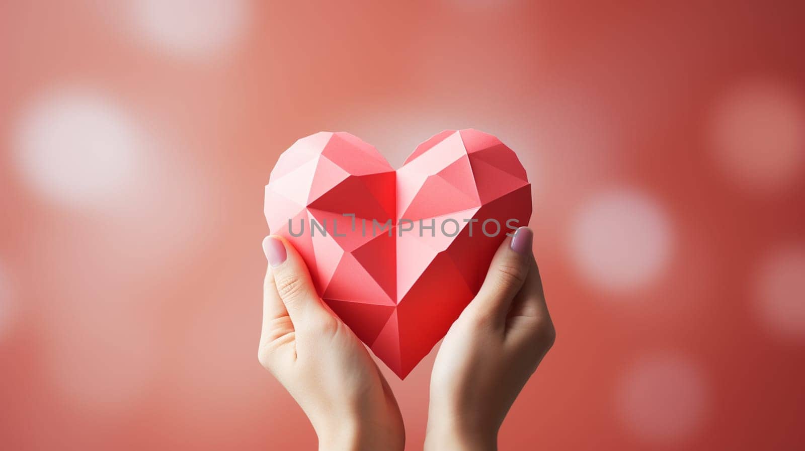 Hands holding a red paper heart on a pink background. Vector illustration. Generate Ai