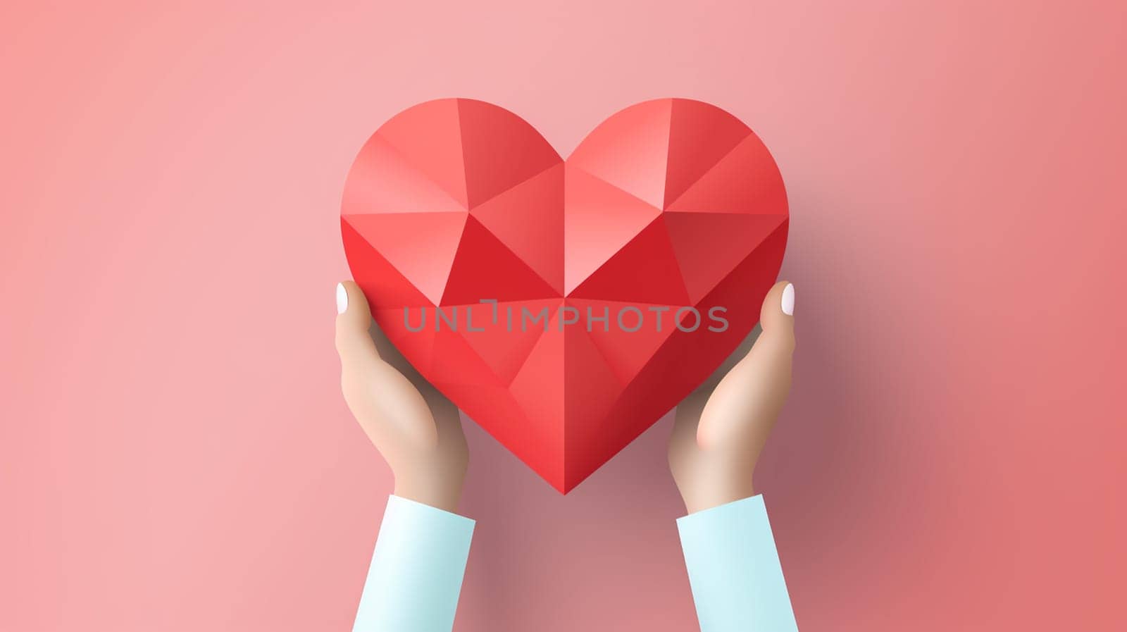 Hands holding a red paper heart on a pink background. Vector illustration. Generate Ai