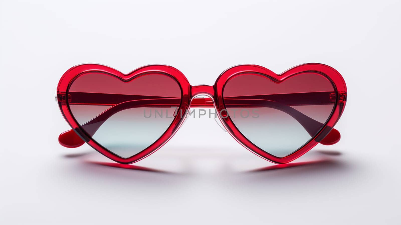 Red heart shaped sunglasses on white background. Valentine's day concept. Generate AI
