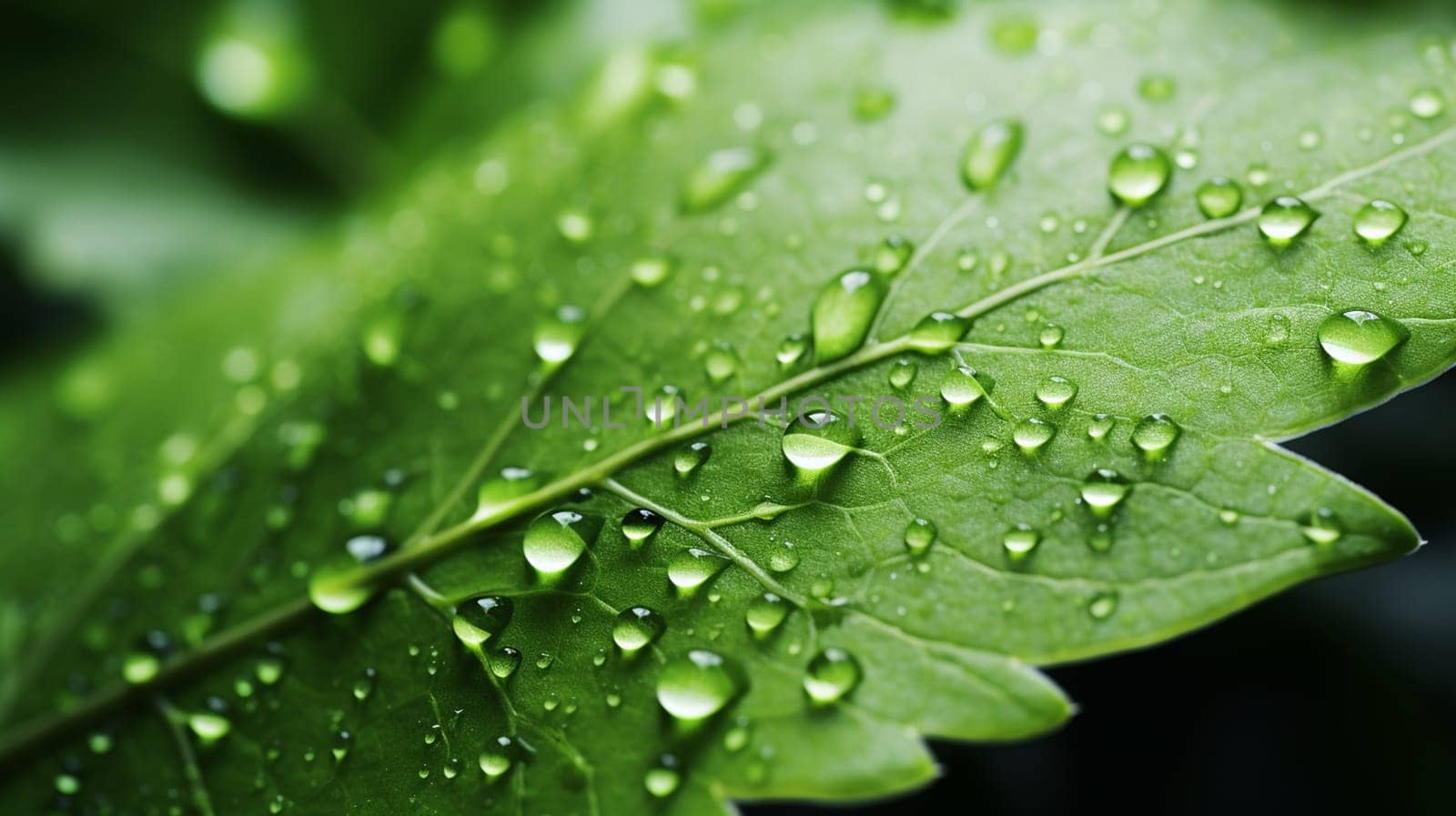 Green leaf with water drops close-up. Nature background for design , generate AI