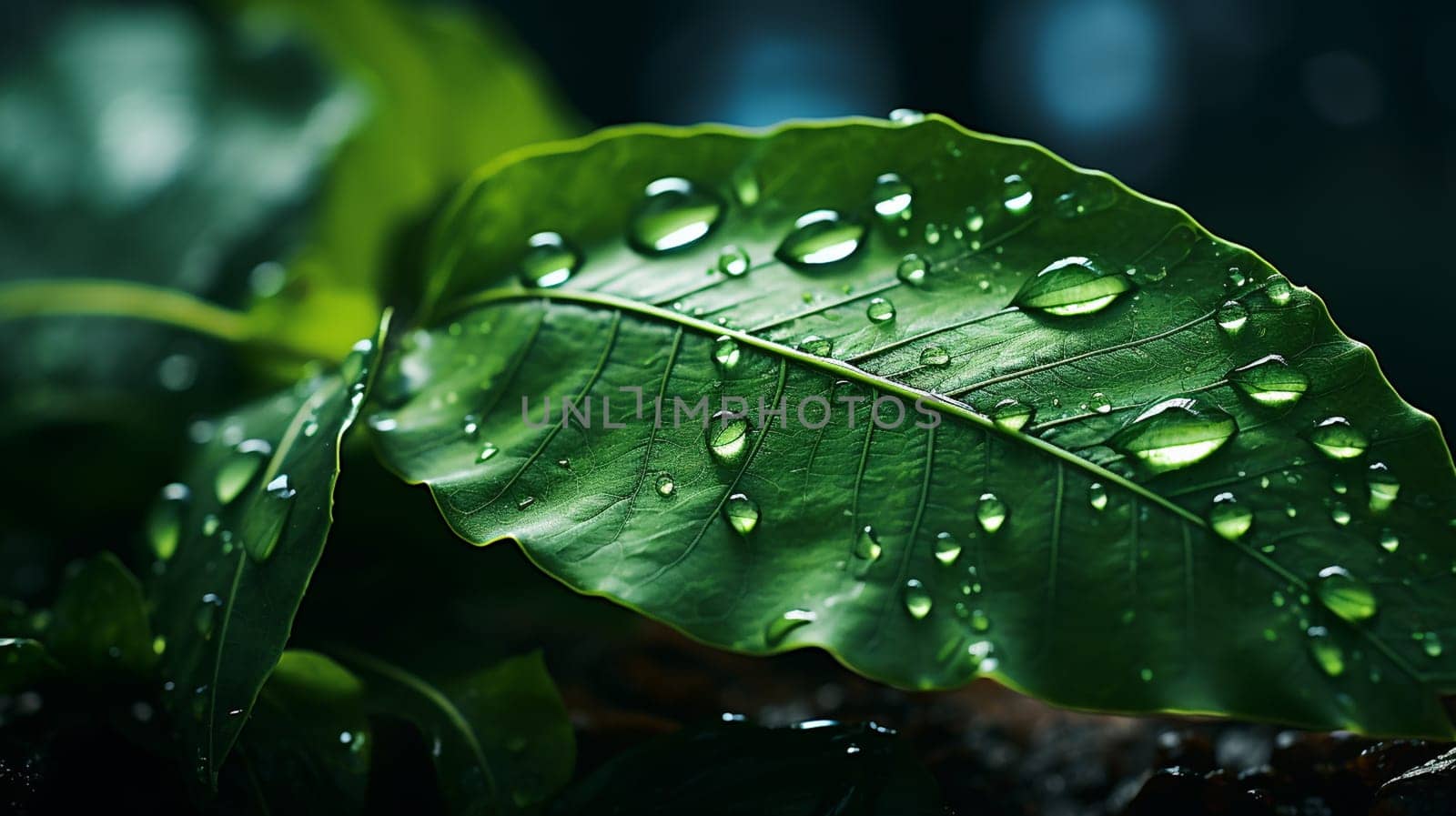 Green leaf with water drops close-up. Nature background for design , generate AI by Mrsongrphc