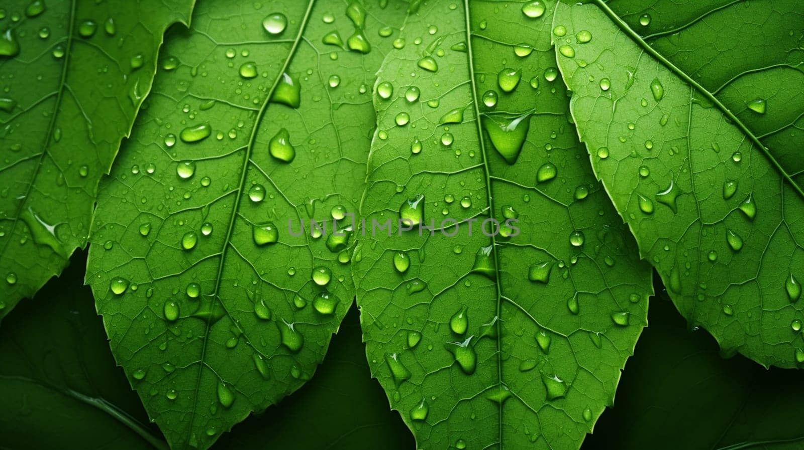 Green leaf with water drops close-up. Nature background for design , generate AI