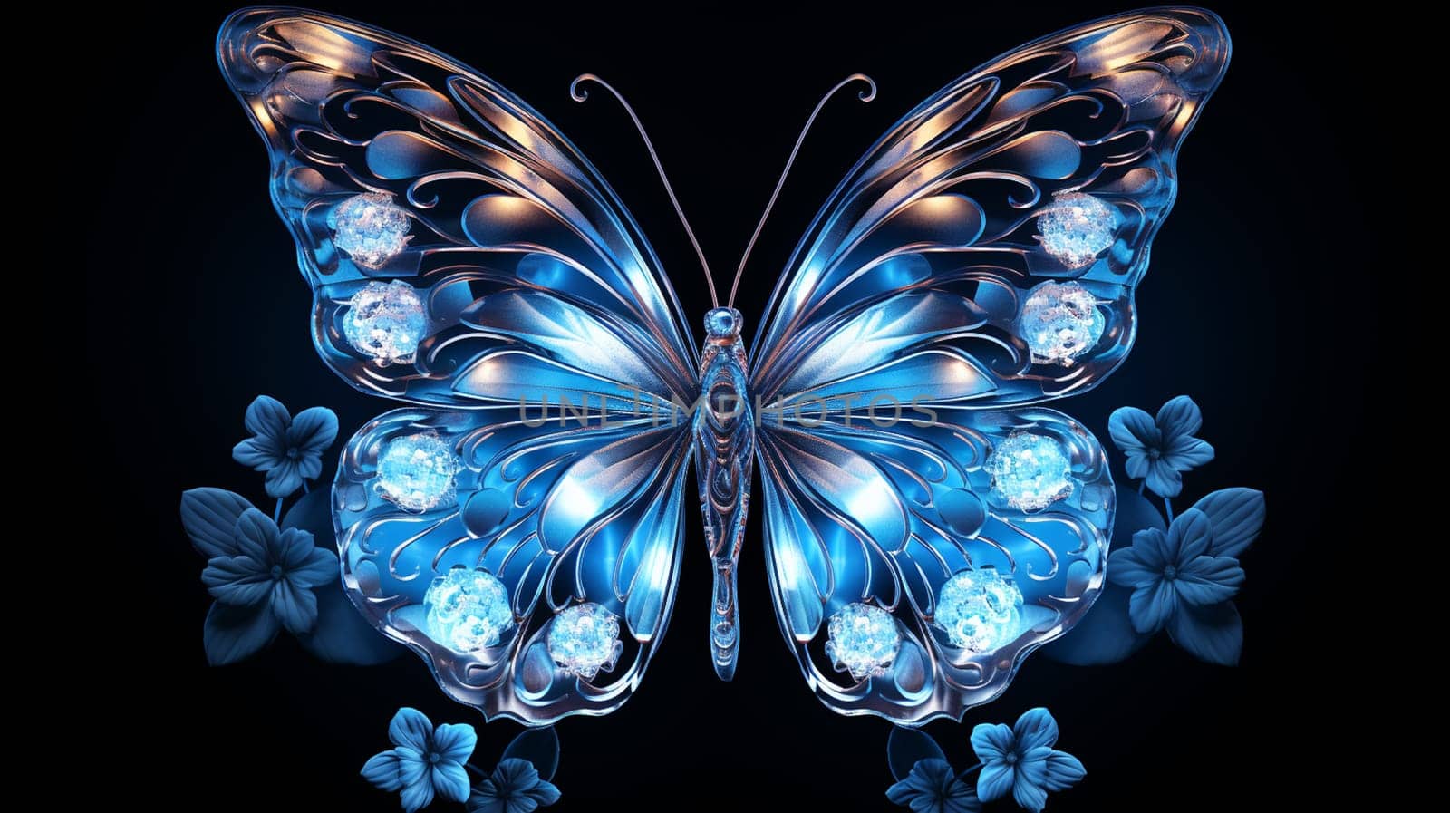 Beautiful butterfly with blue flowers. 3d rendering. Computer digital drawing. Generate Ai by Mrsongrphc