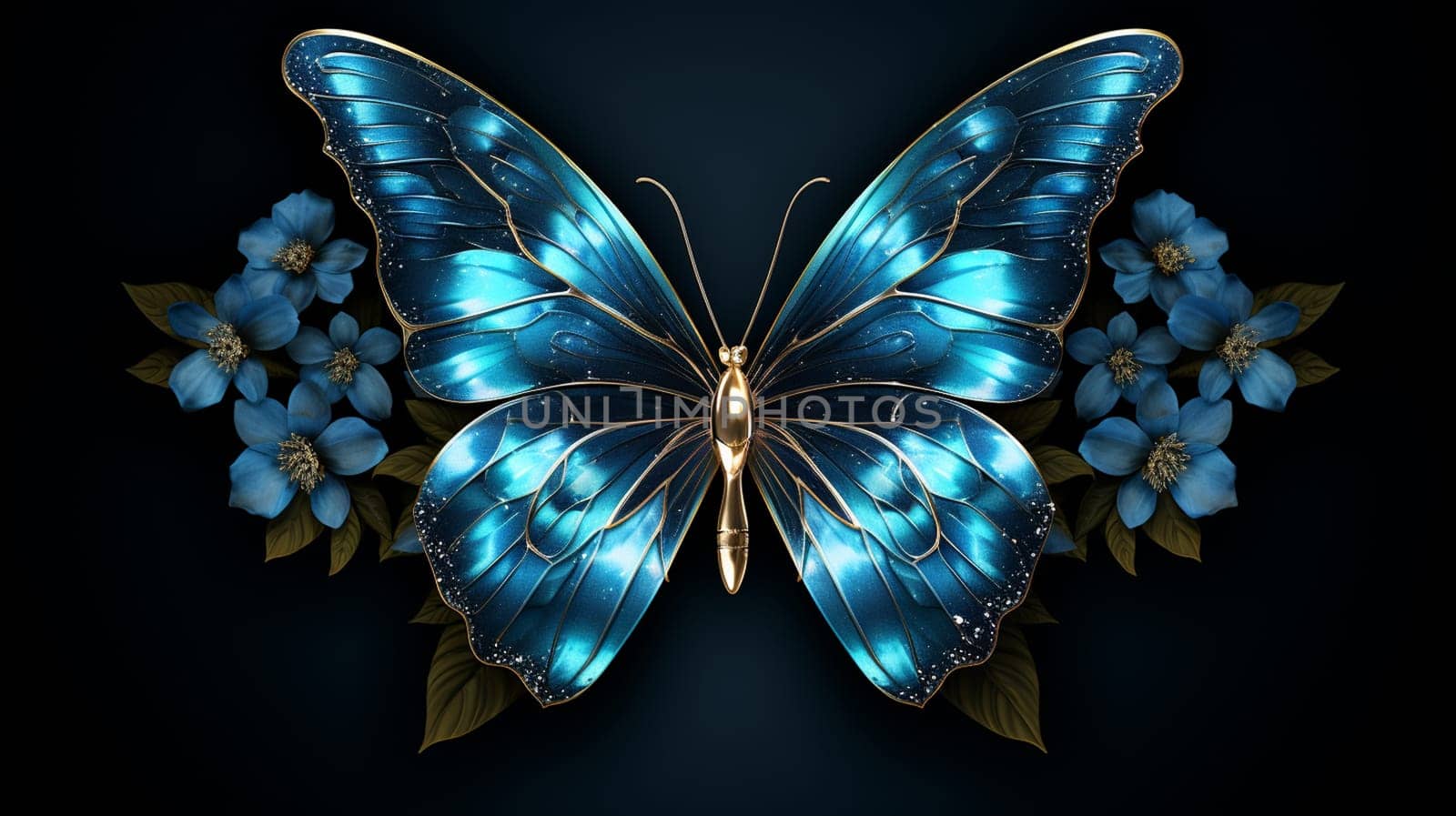 Beautiful butterfly with blue flowers. 3d rendering. Computer digital drawing. Generate Ai by Mrsongrphc