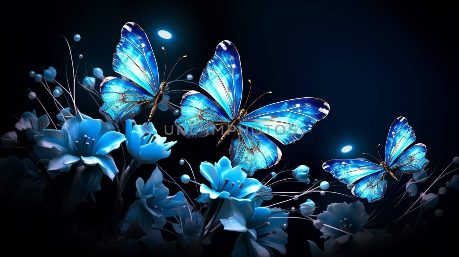 Beautiful butterfly with blue flowers. 3d rendering. Computer digital drawing. Generate Ai by Mrsongrphc